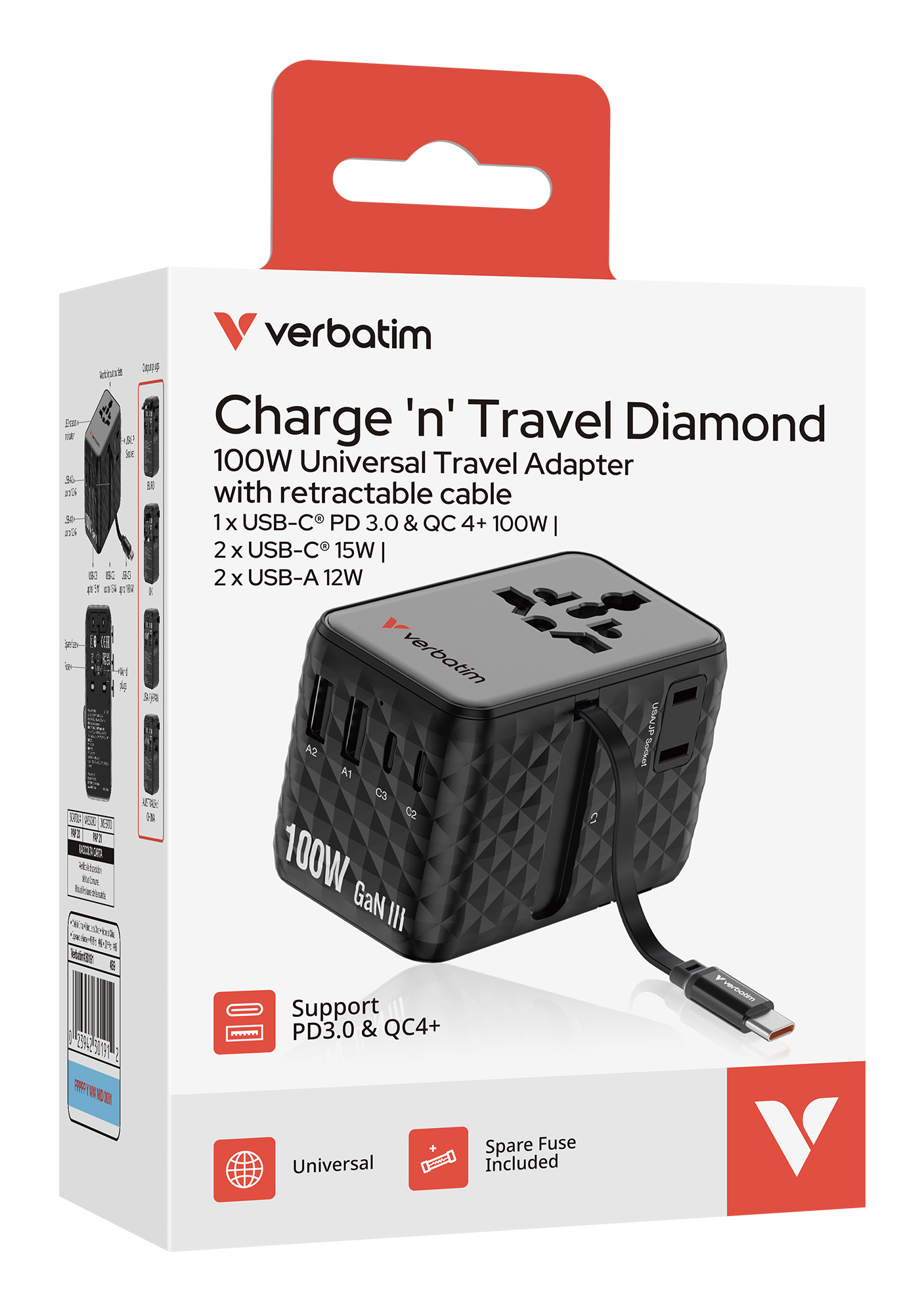 Adattatore da viaggio Verbatim 100W con cavo retrattile, 3x USB-C, 2x USB-A.