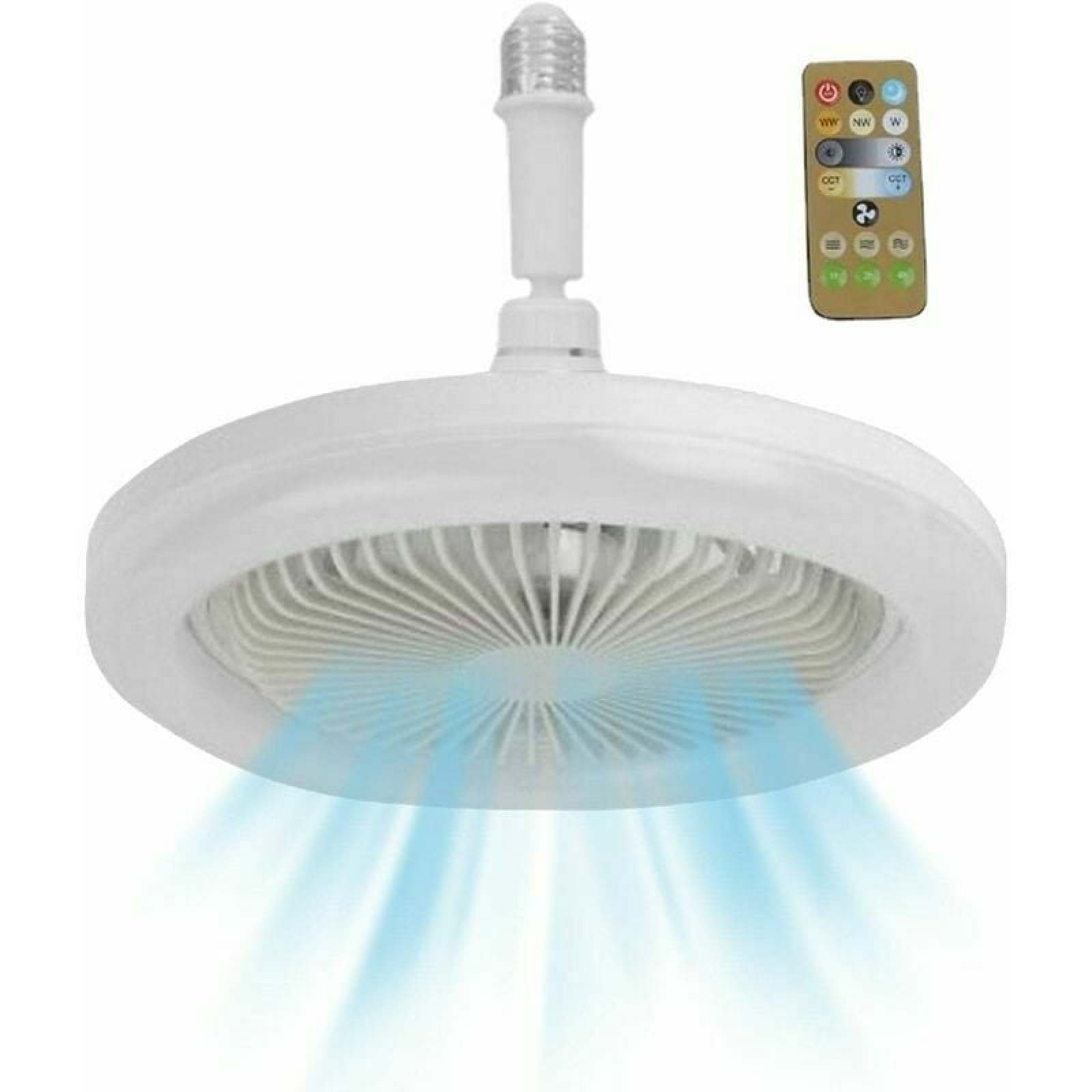 Ein weißer Deckenventilator mit Glühbirne und Fernbedienung.