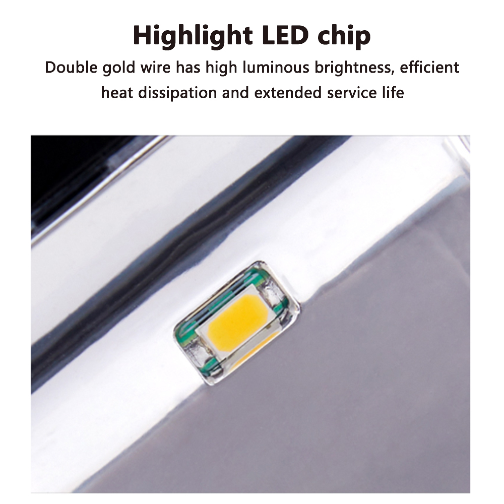 Eine Nahaufnahme eines leuchtend gelben LED-Chips mit doppelten Golddrähten.