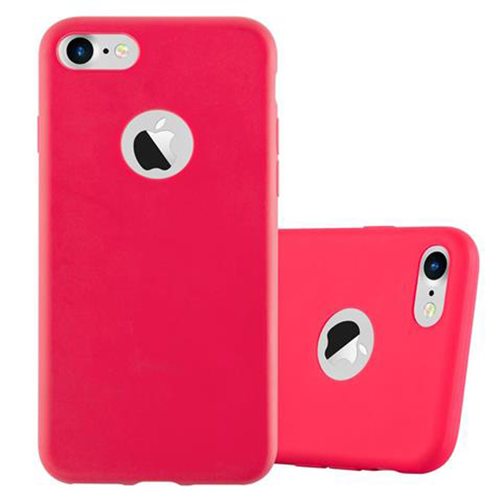 Due cover rosse per telefono con logo mela, una in piedi, l'altra sdraiata.