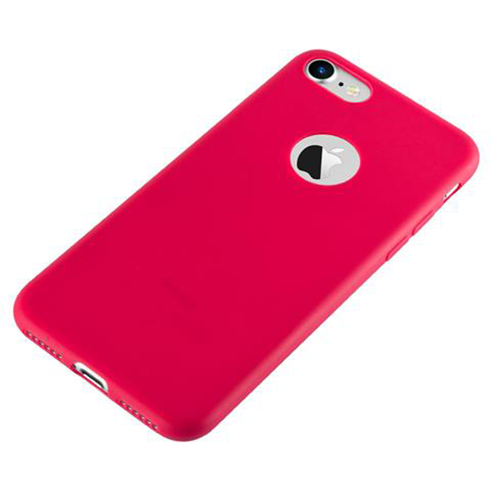 Una cover rossa brillante per telefono con logo Apple su sfondo bianco.