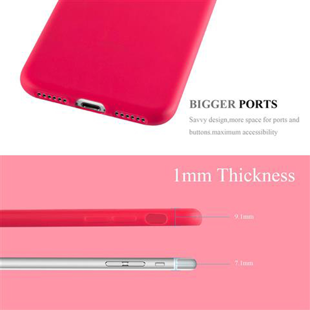 Cover rossa per telefono con porte grandi. Confronto spessore 9,1 mm e 7,1 mm.
