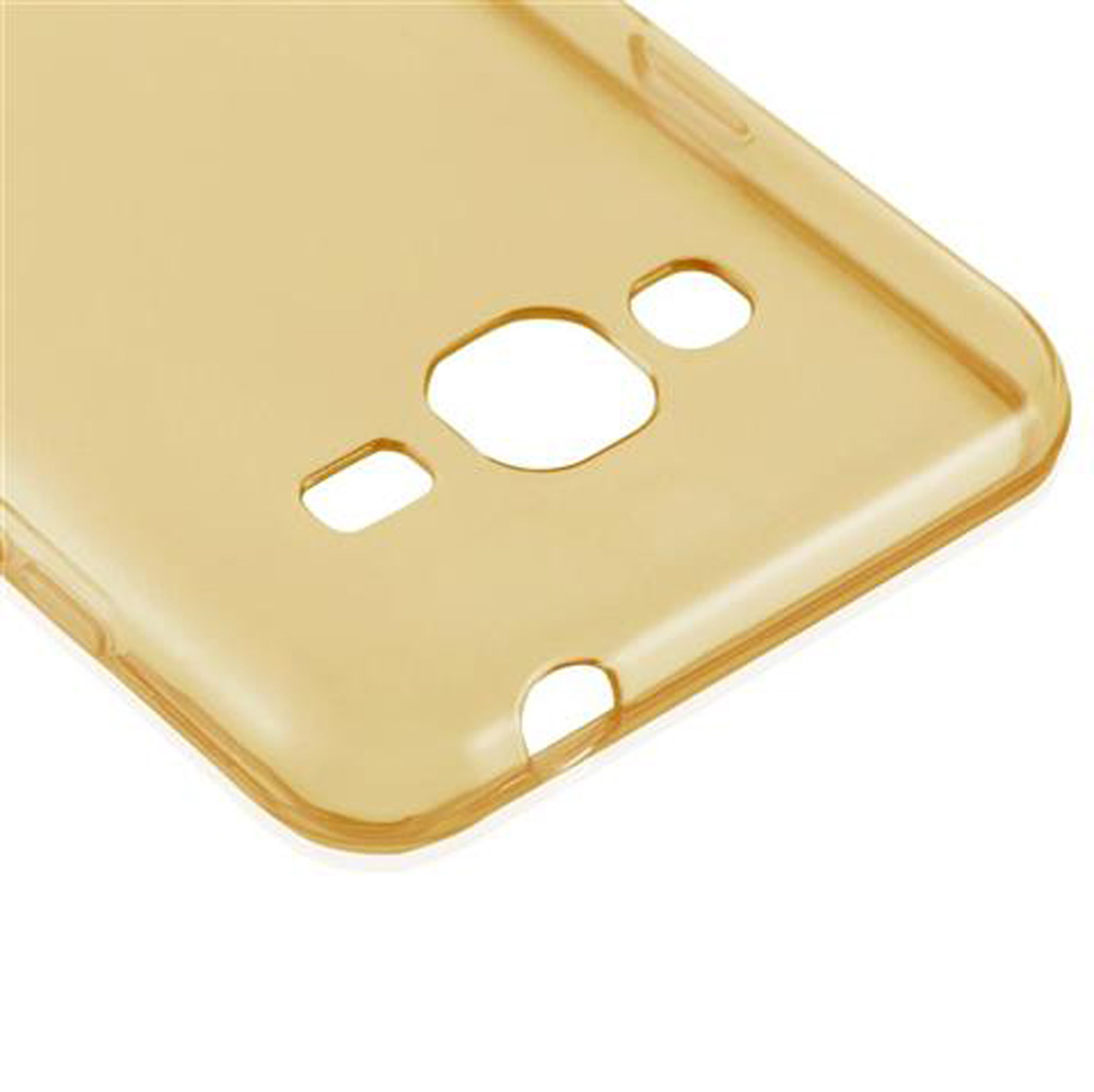 Custodia gialla traslucida per telefono con ritagli per fotocamera e pulsanti.