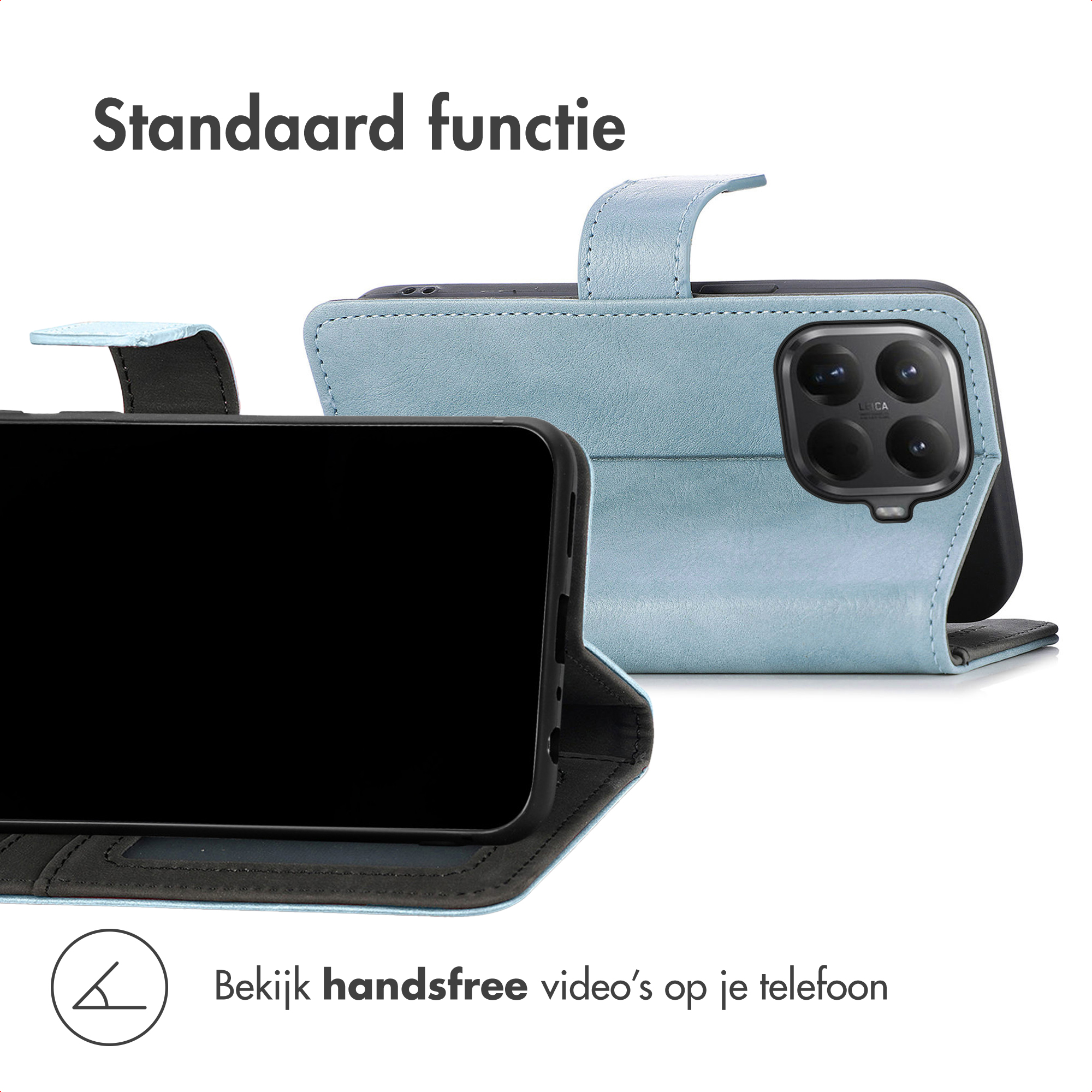 Een lichtblauwe telefoonhoes met ingebouwde standaard en camera-opening.