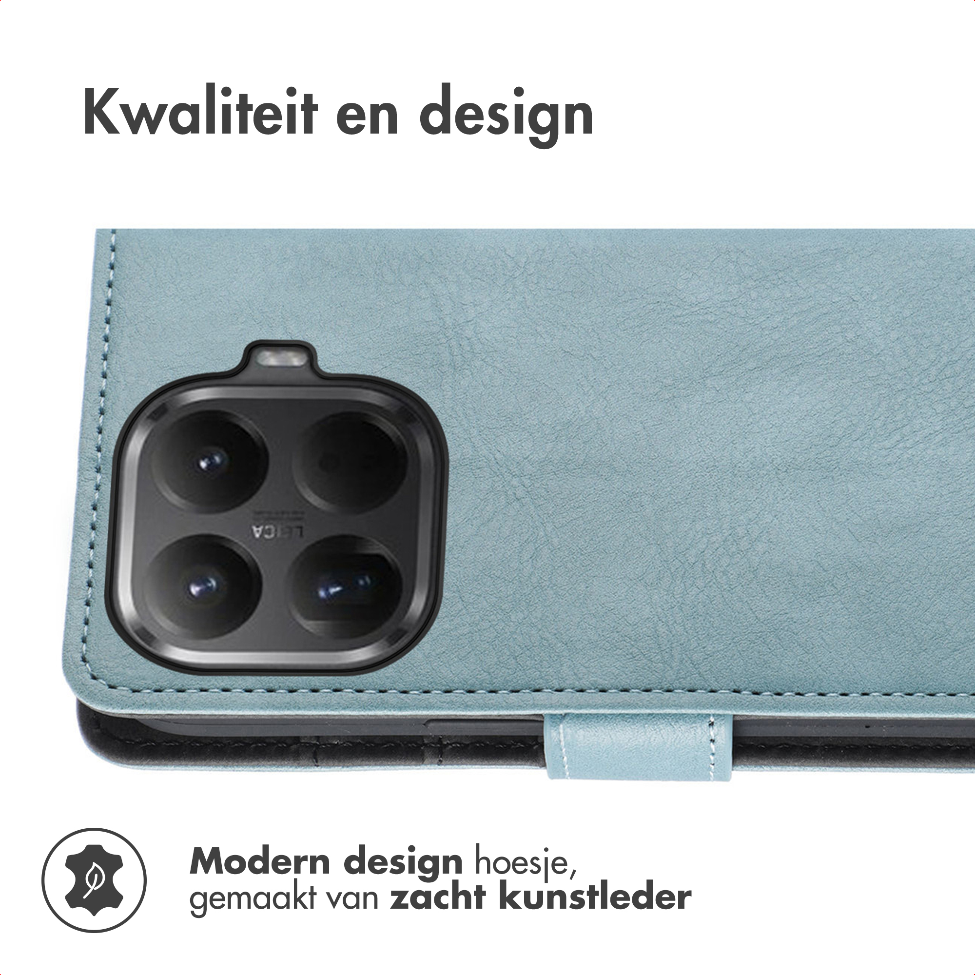 Een lichtblauwe telefoonhoes met cameralens en de tekst 'Kwaliteit en design'.