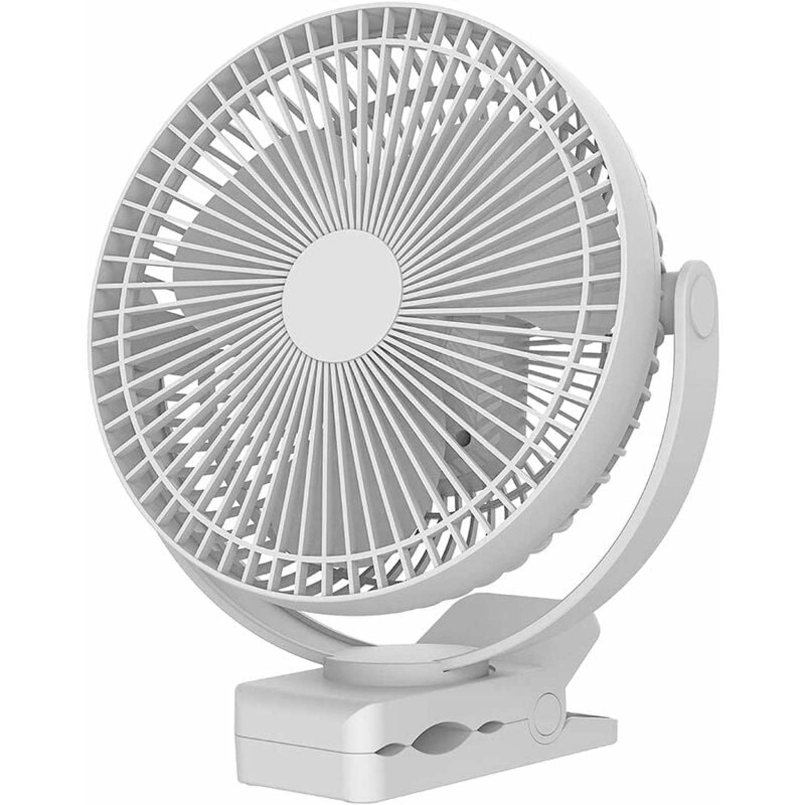 Ein weißer Klippventilator mit rundem Gitter und verstellbarem Ständer.