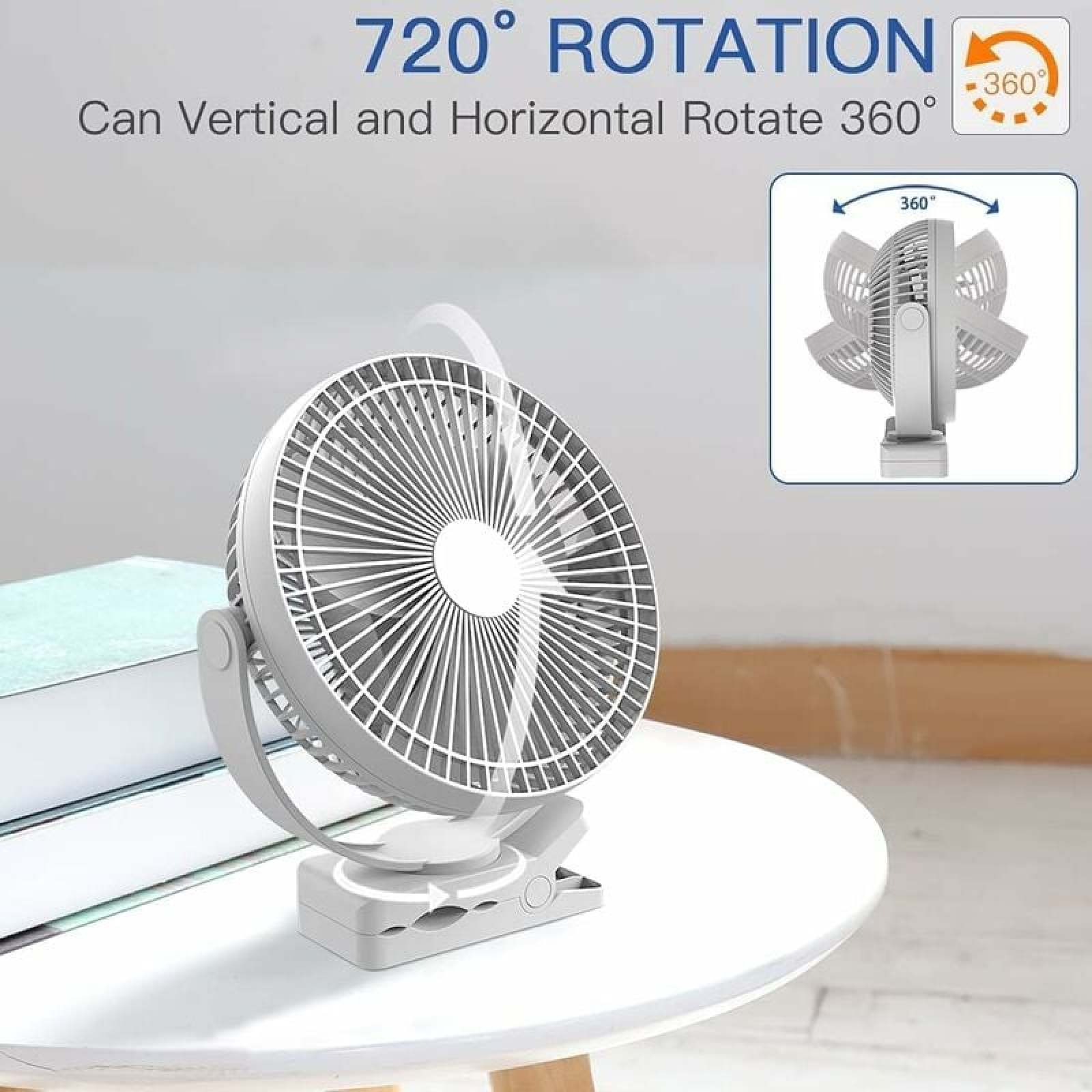 Ein weißer tragbarer Ventilator mit 720-Grad-Drehung steht auf einem Tisch.