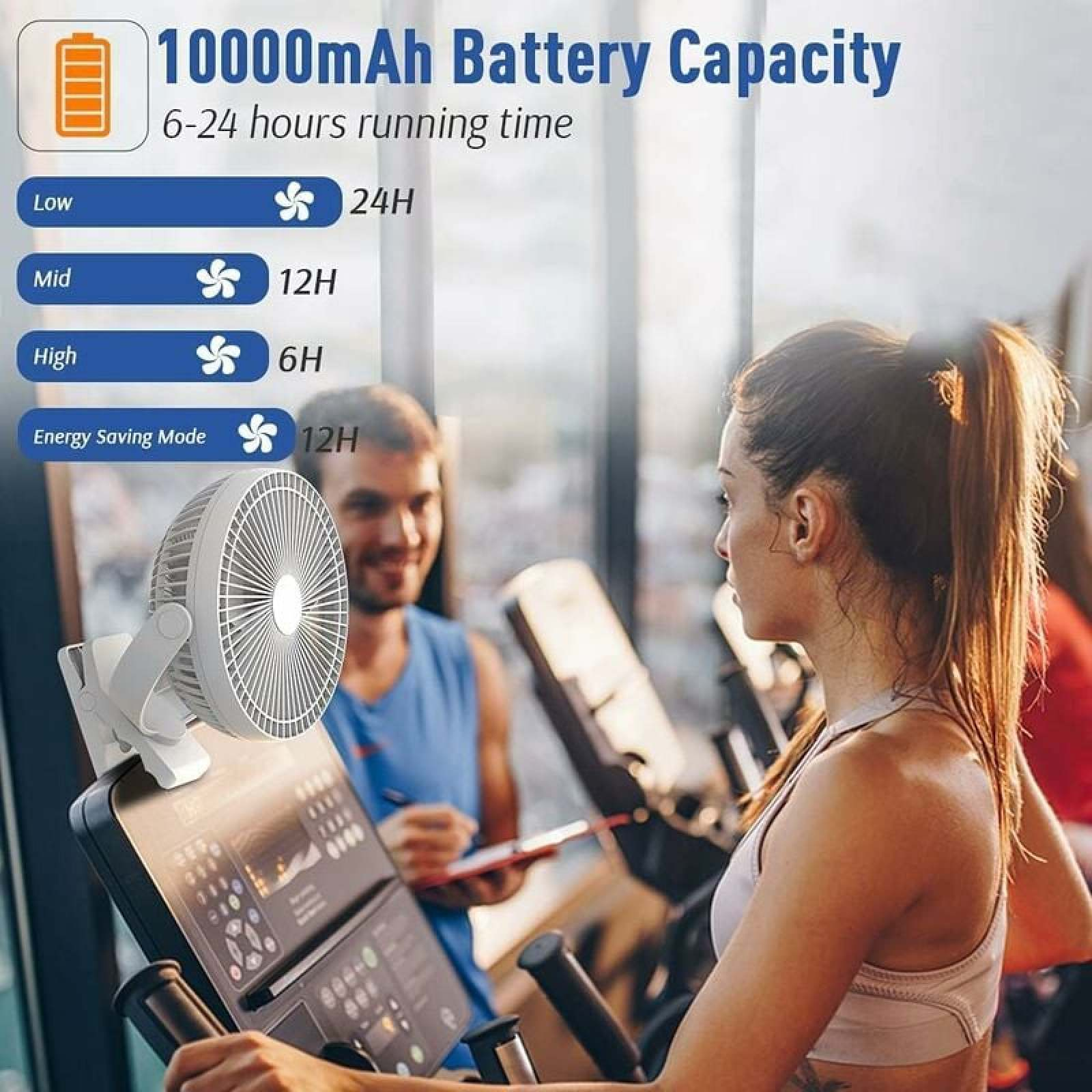 Ein kleiner weißer Ventilator ist an einem Laufband befestigt. Zwei Personen trainieren.