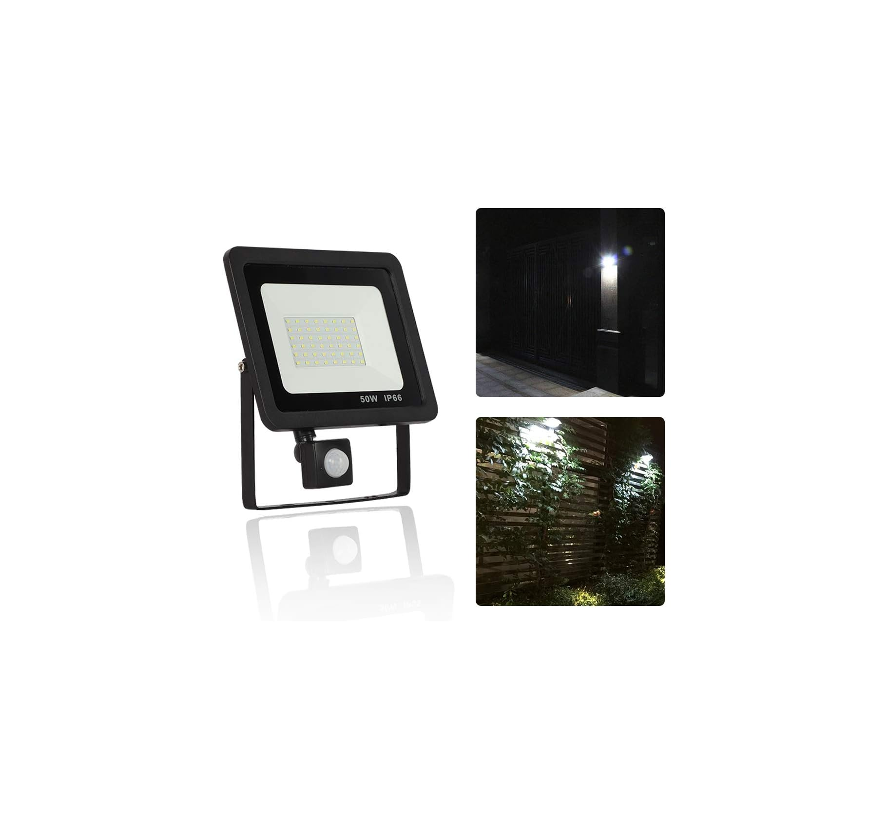 Ein LED-Strahler mit Bewegungsmelder, beleuchtet eine Holzwand.