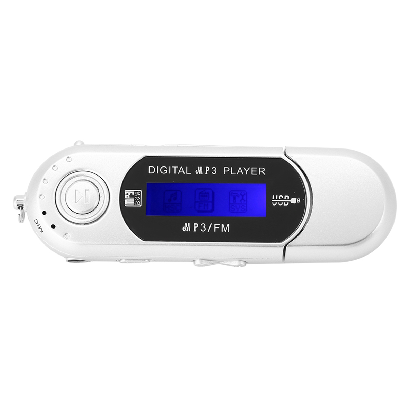 Ein silberner MP3-Player mit blauer Anzeige, Wiedergabetaste und MIC-Beschriftung.