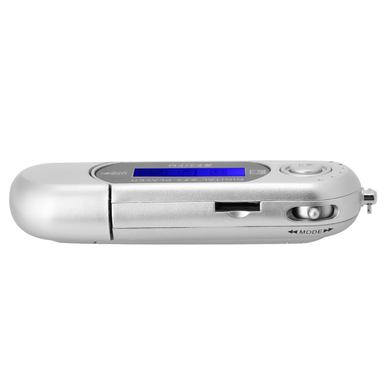 Silberner MP3-Player mit blauem Bildschirm, USB-Anschluss und Modus-Taste.