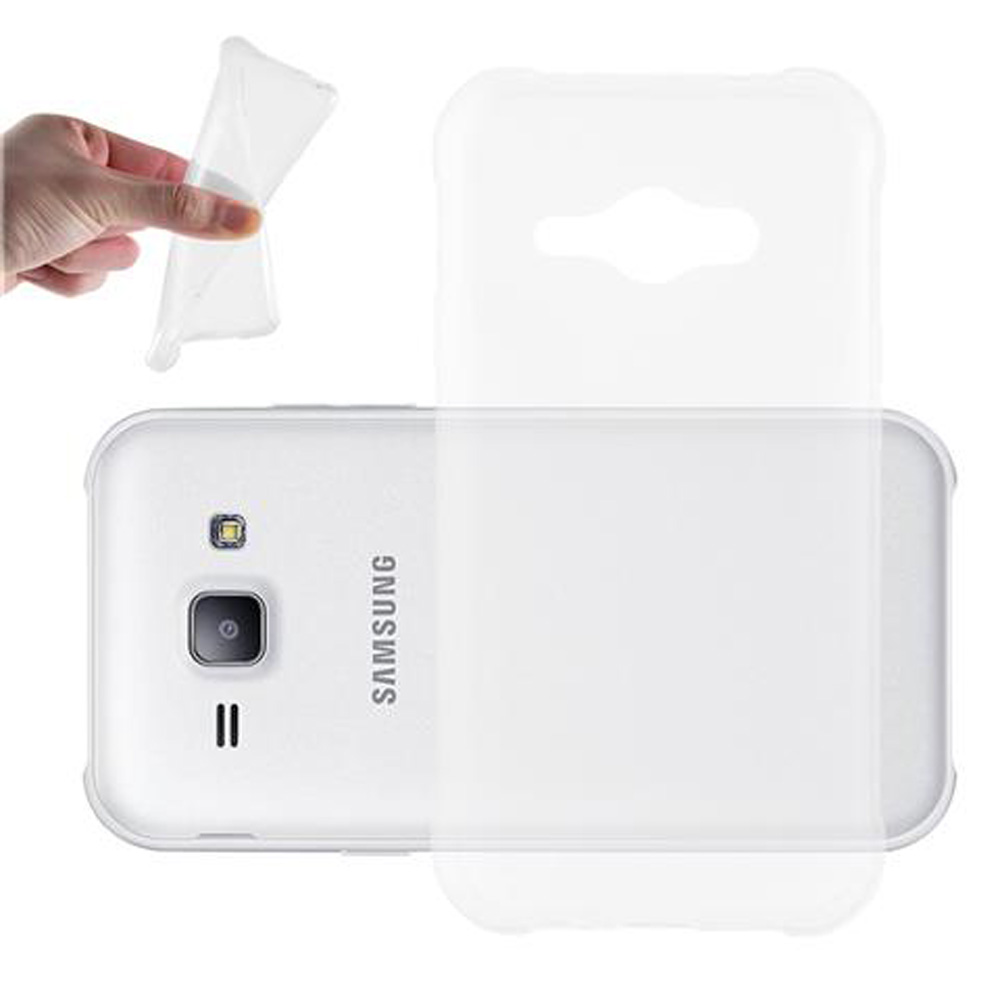 Una mano tiene una custodia trasparente sopra un telefono Samsung bianco.