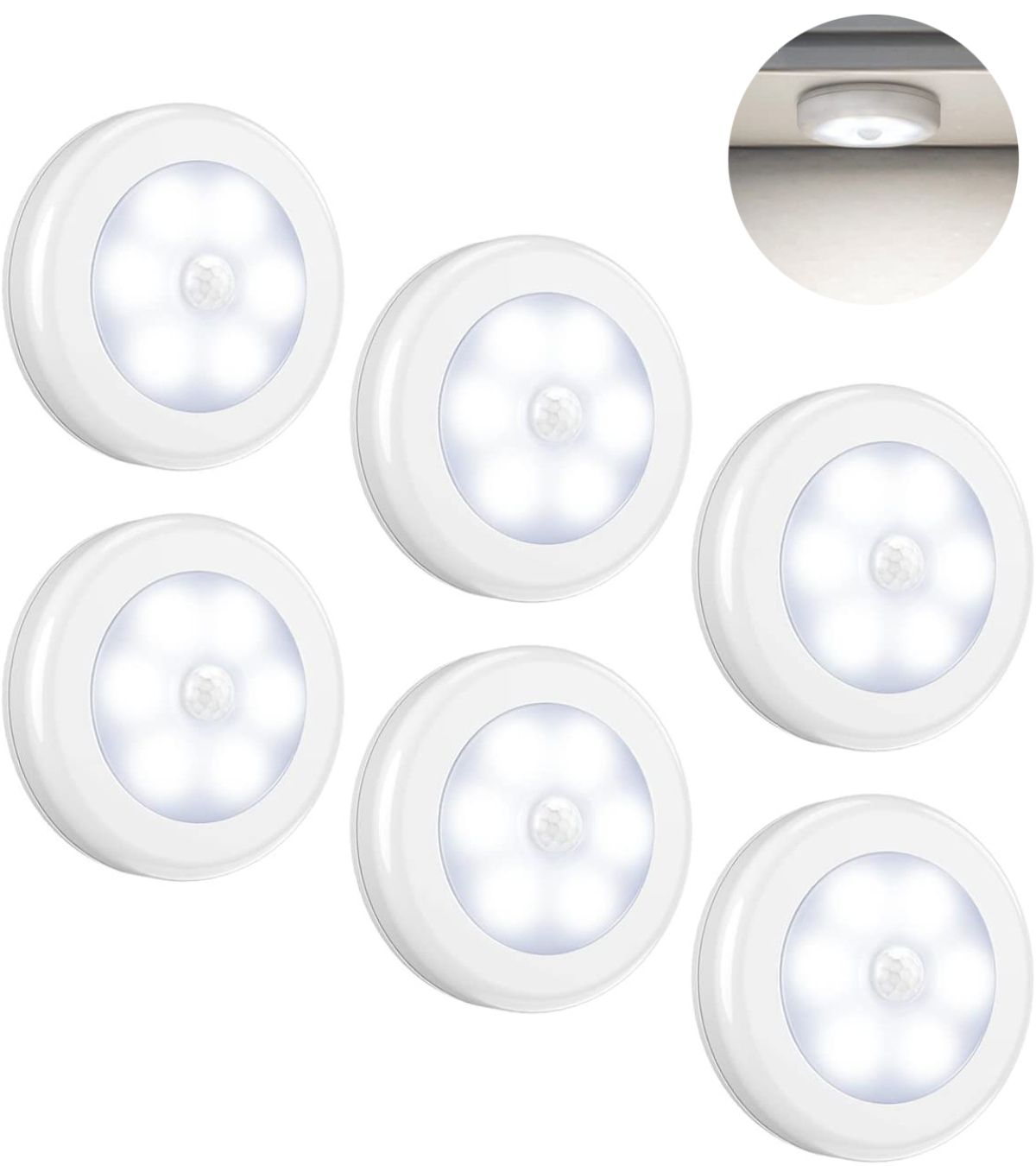 Sechs weiße LED-Bewegungssensoren mit sechs LEDs und einem zentralen Sensor.