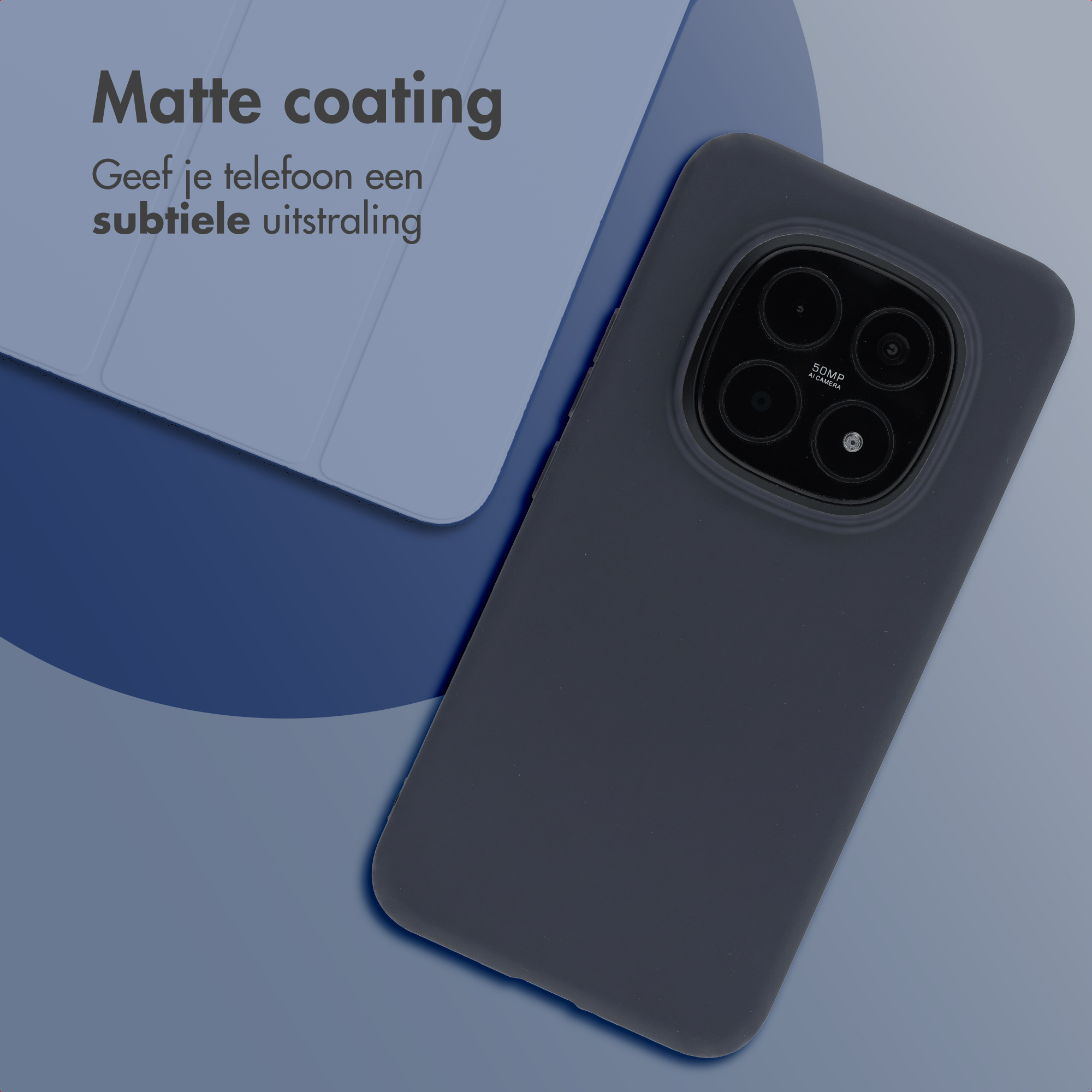 Dark gray phone with matte finish and four camera lenses.