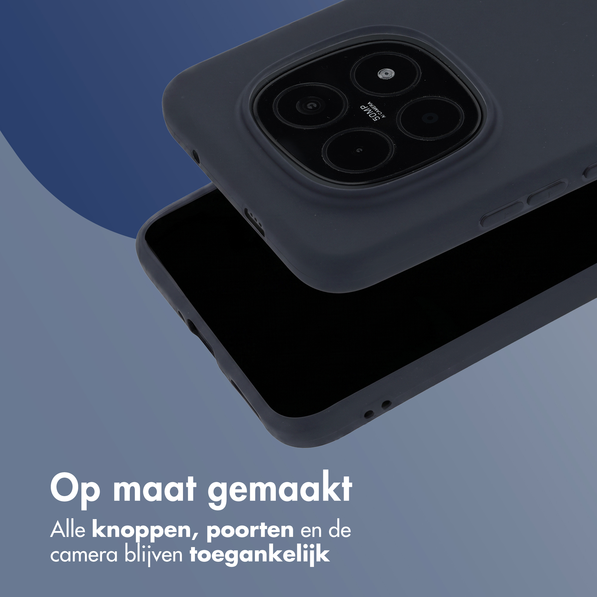 Dark gray phone with camera module and text in Dutch.