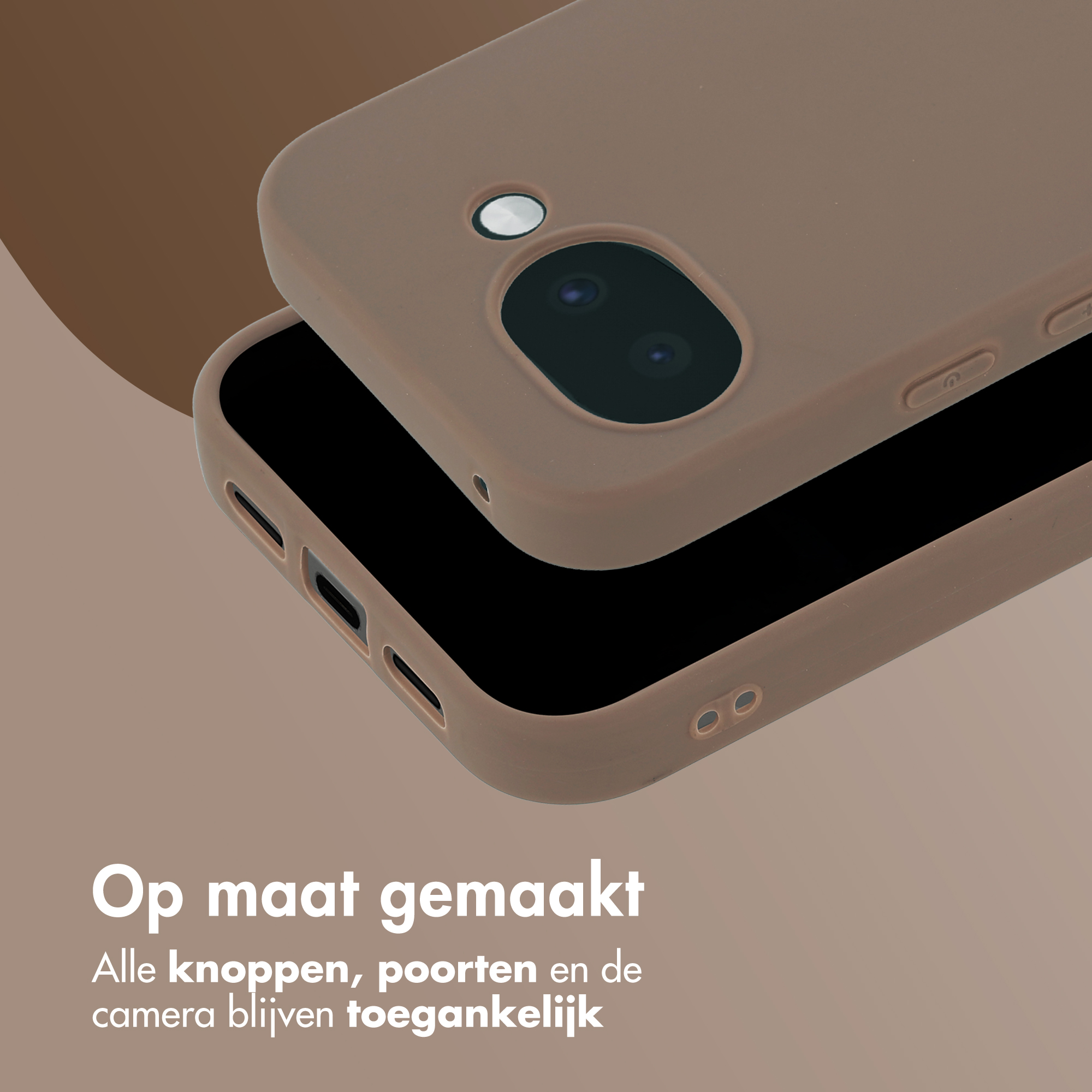 Close-up van een bruine telefoonhoes met camera-uitsparing en knoppen.