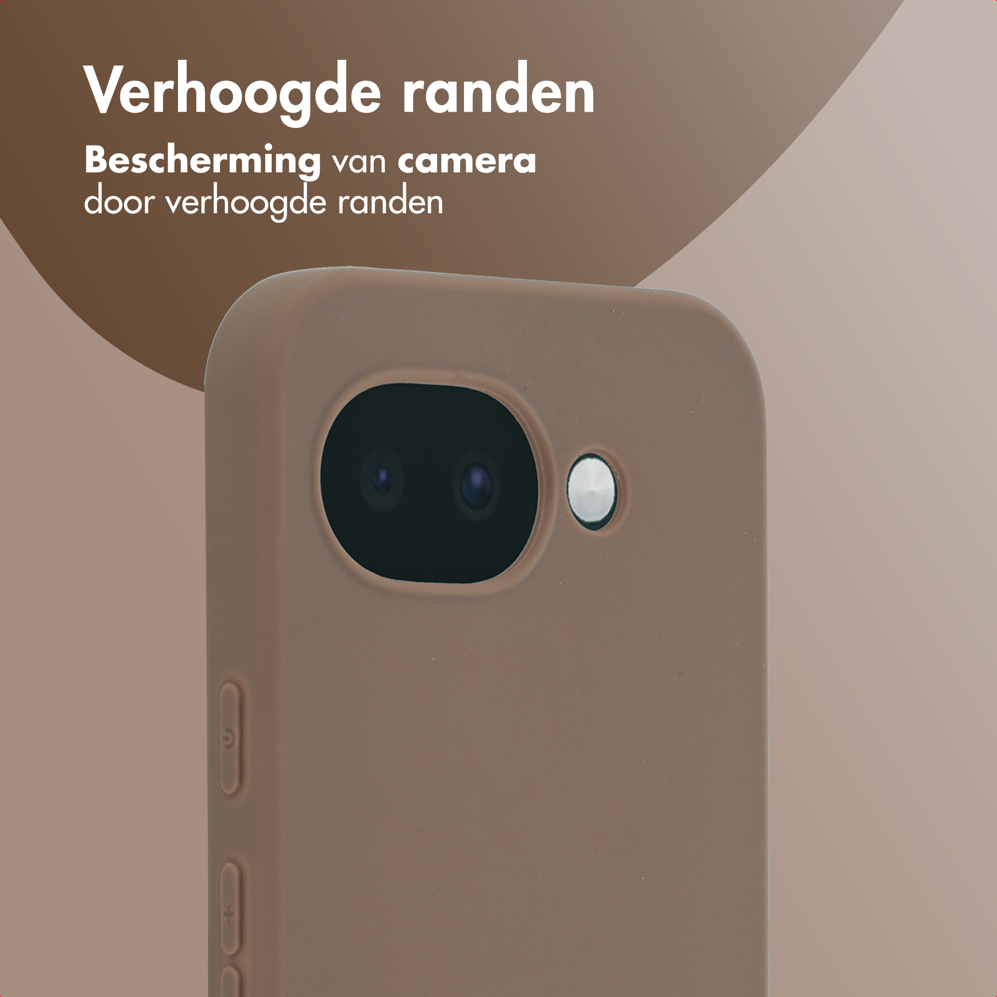 Bruine telefoonhoes met verhoogde randen die de camera beschermen.