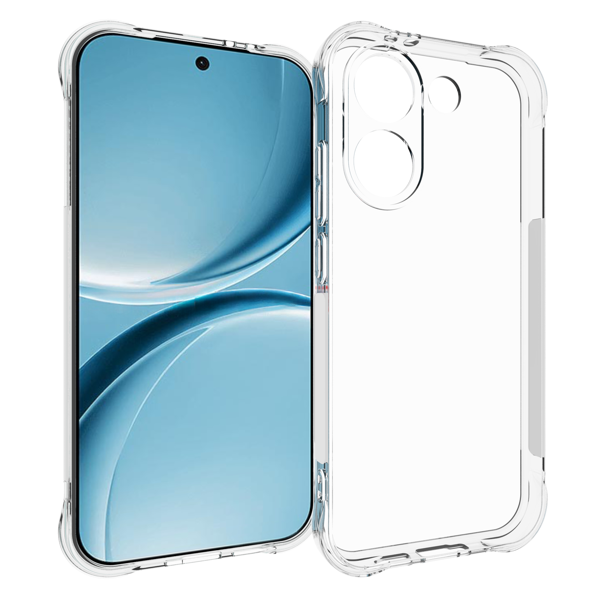 Doorzichtige telefoonhoes met uitsparing voor cameramodule.