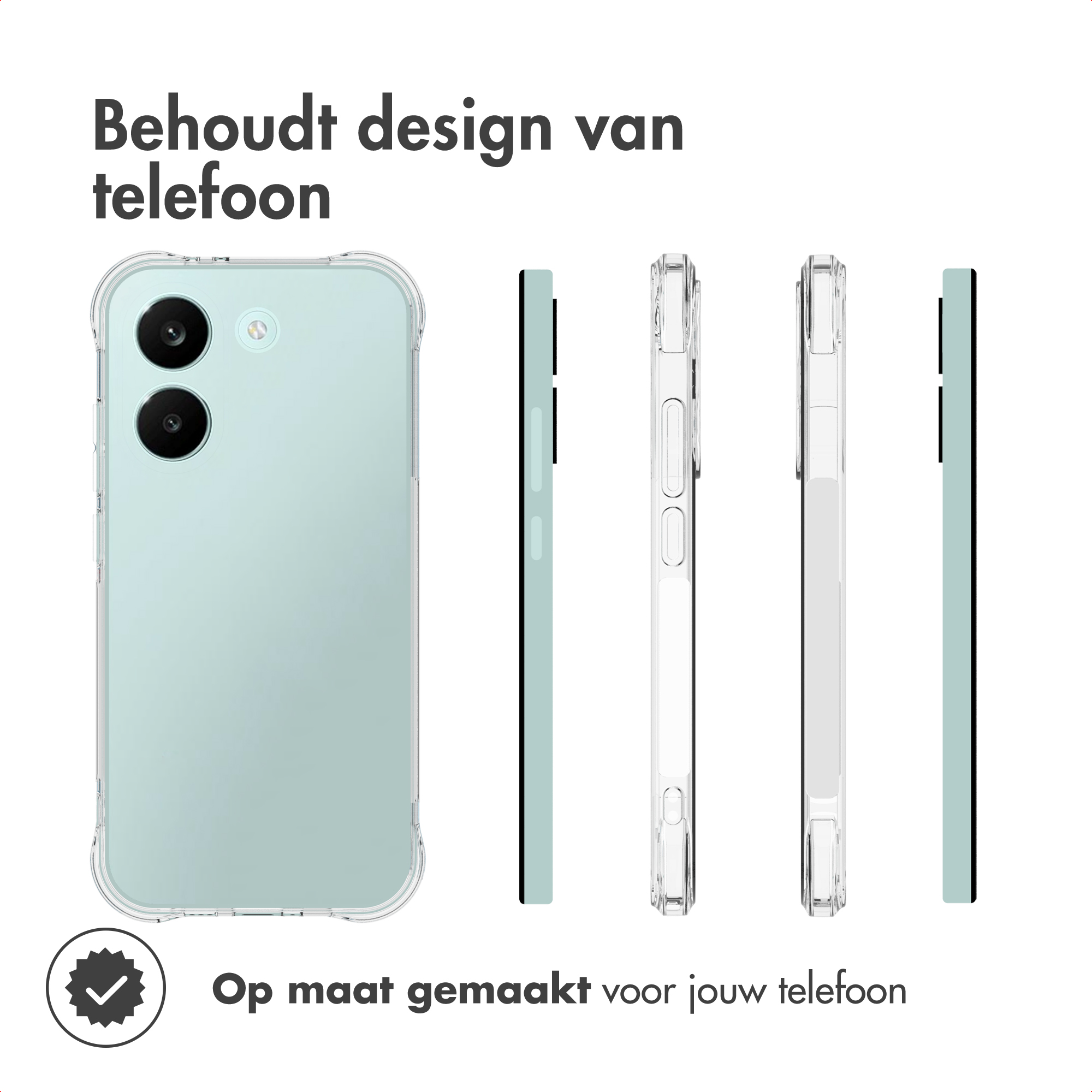 Een lichtgroene telefoon met een doorzichtige hoes, zij-aanzichten en een keurmerk.