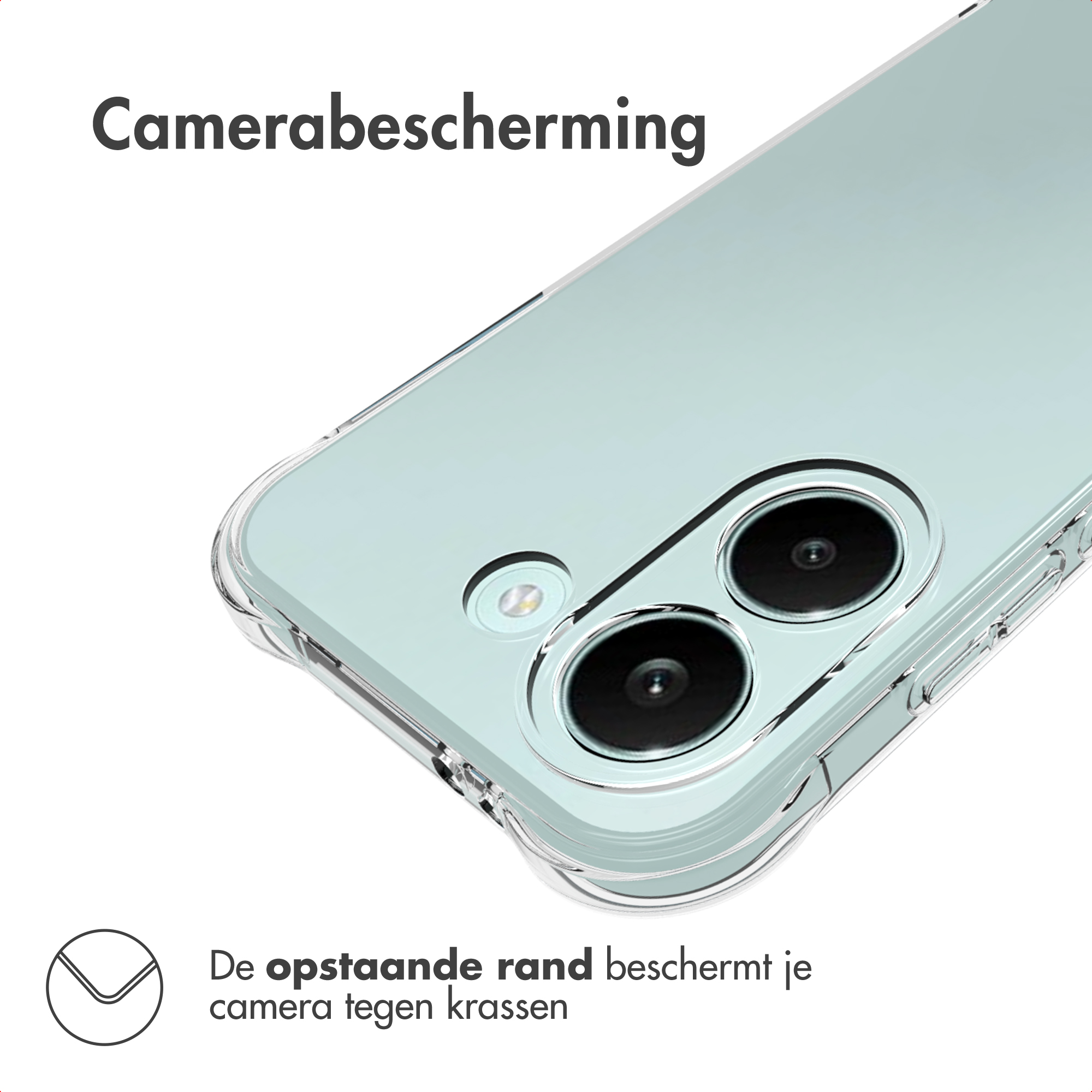 Doorzichtige telefoonhoes beschermt camera tegen krassen.