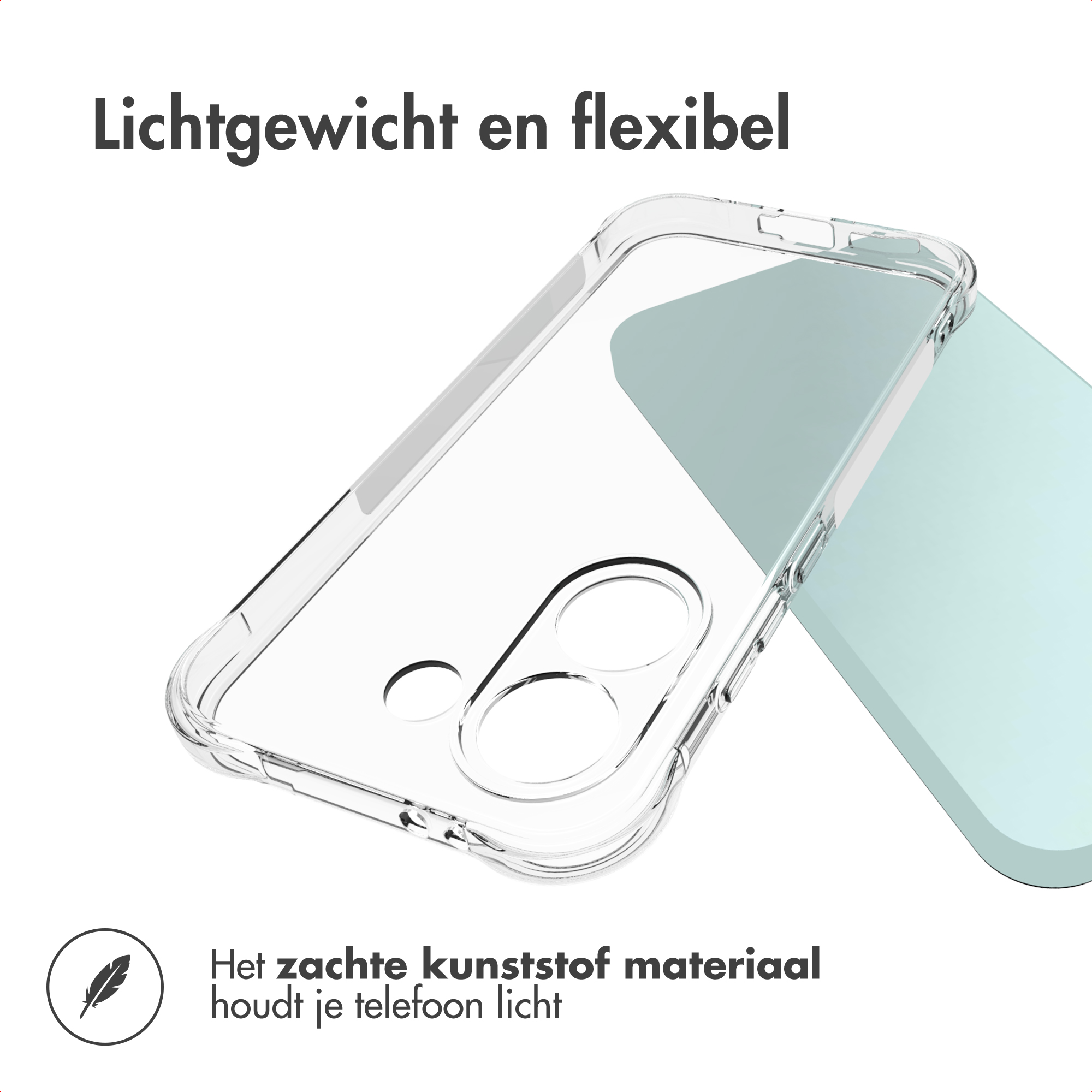 Doorzichtige telefoonhoes op lichtgroene achtergrond. Tekst: Lichtgewicht en flexibel.