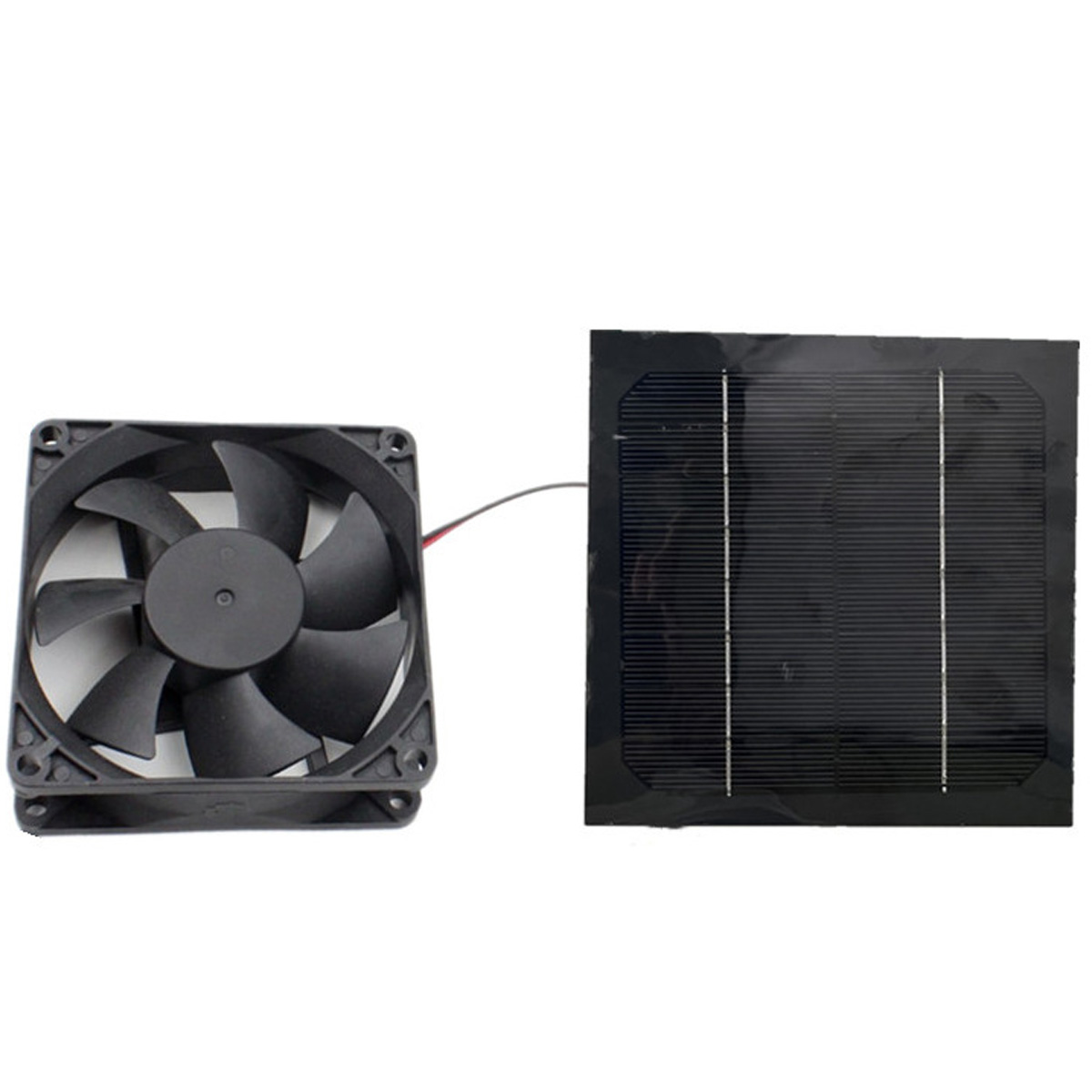 Ein schwarzer Lüfter mit fünf Rotorblättern neben einem kleinen schwarzen Solarpanel.