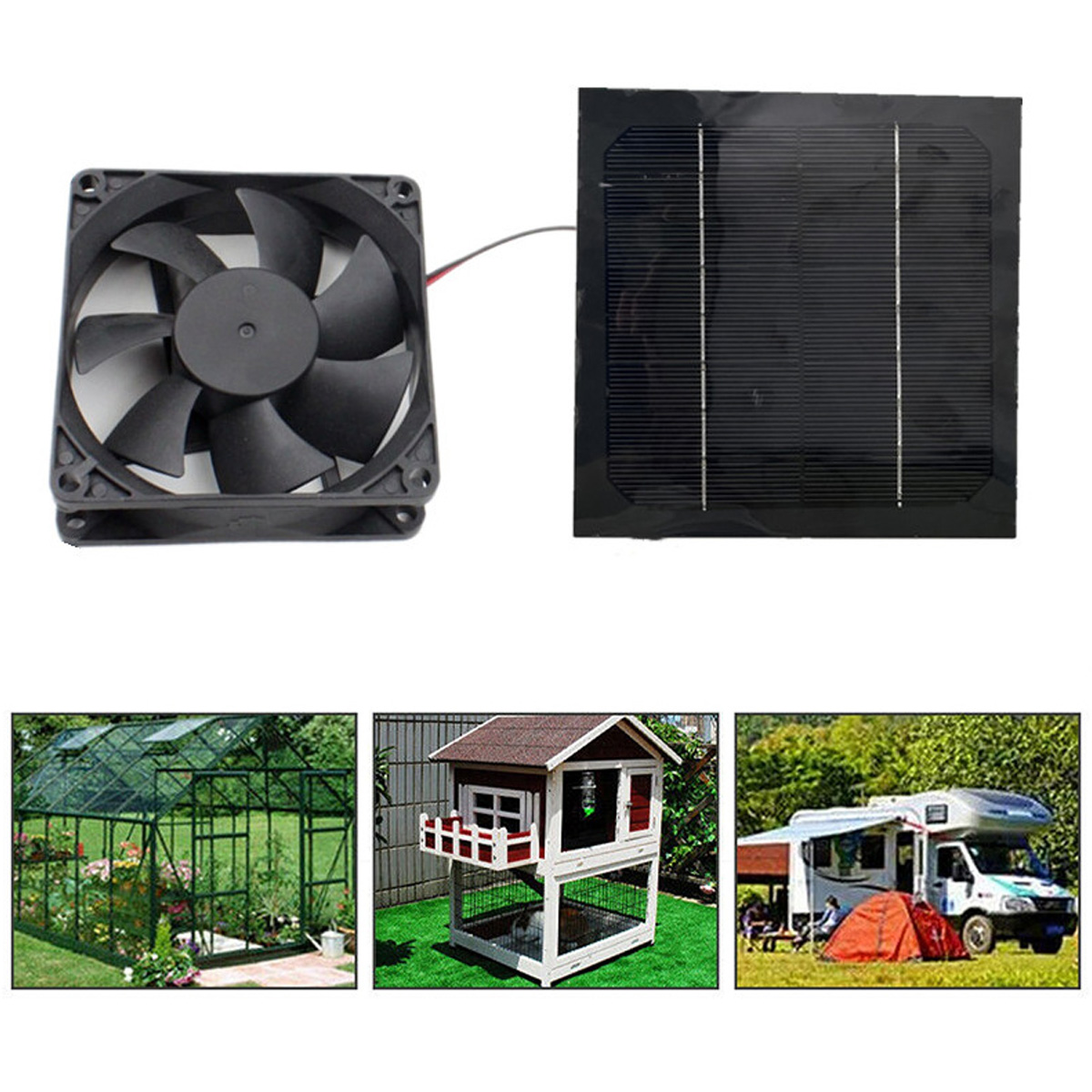 Ein Lüfter und ein Solarpanel über einem Gewächshaus, einem Vogelhaus und einem Wohnmobil mit Zelt.