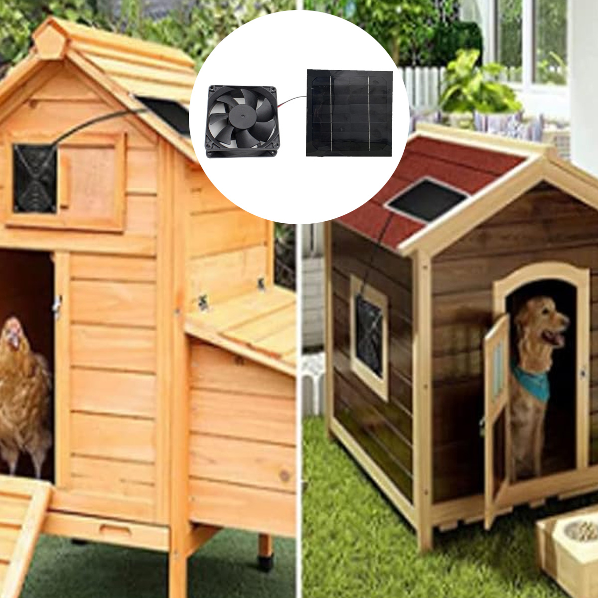 Hühnerstall und Hundehütte mit Solar-Lüfter und Paneeleinsätzen.