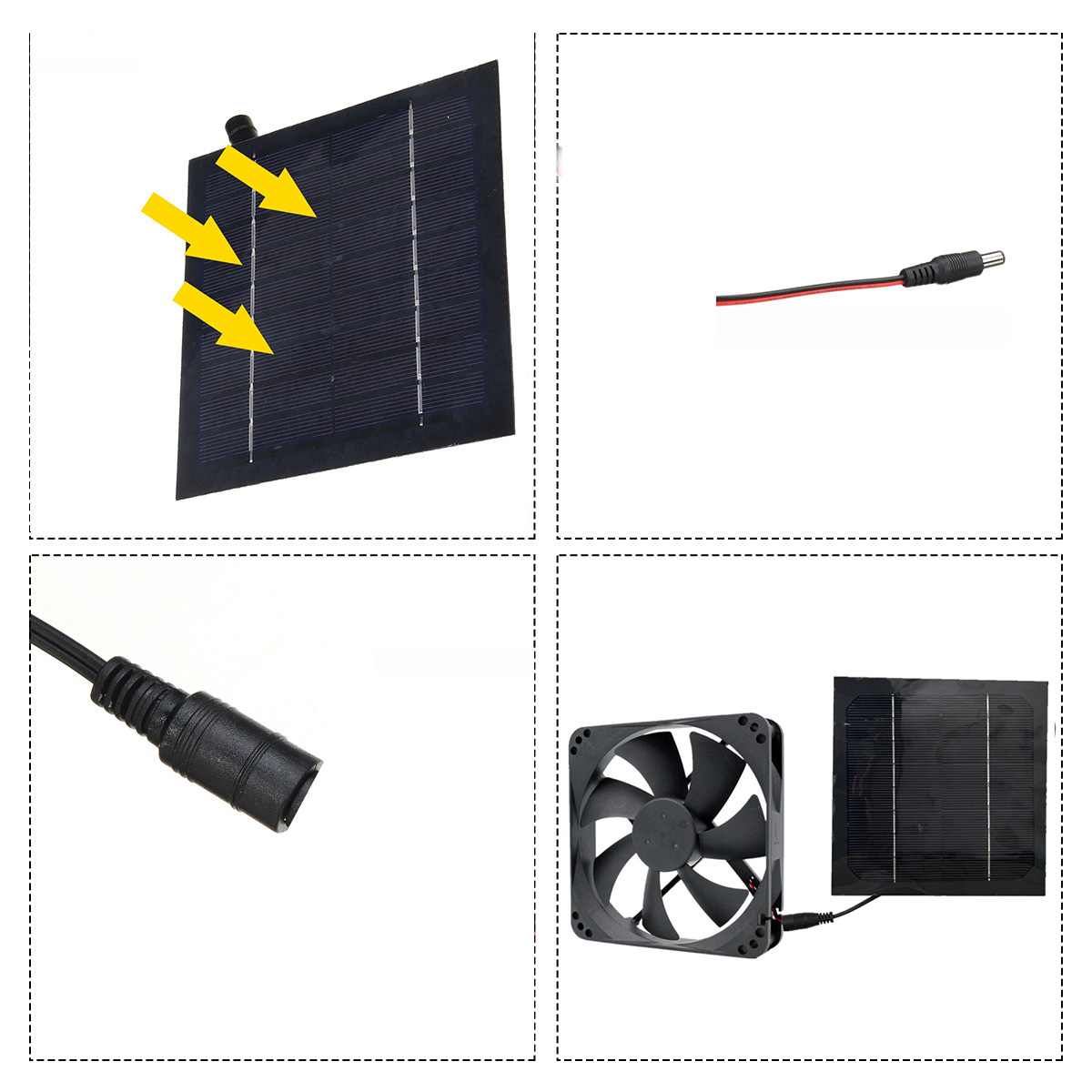Vier Bilder: Solarpanel mit Pfeilen, Netzkabel, Stecker und Lüfter mit Solarpanel.
