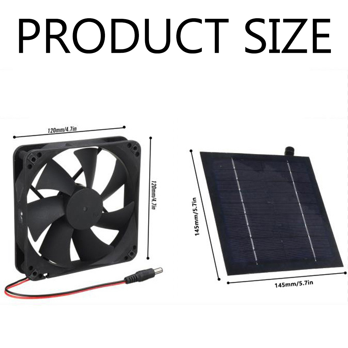 Ein schwarzer Lüfter (120mm) und ein Solarpanel (145mm) nebeneinander.
