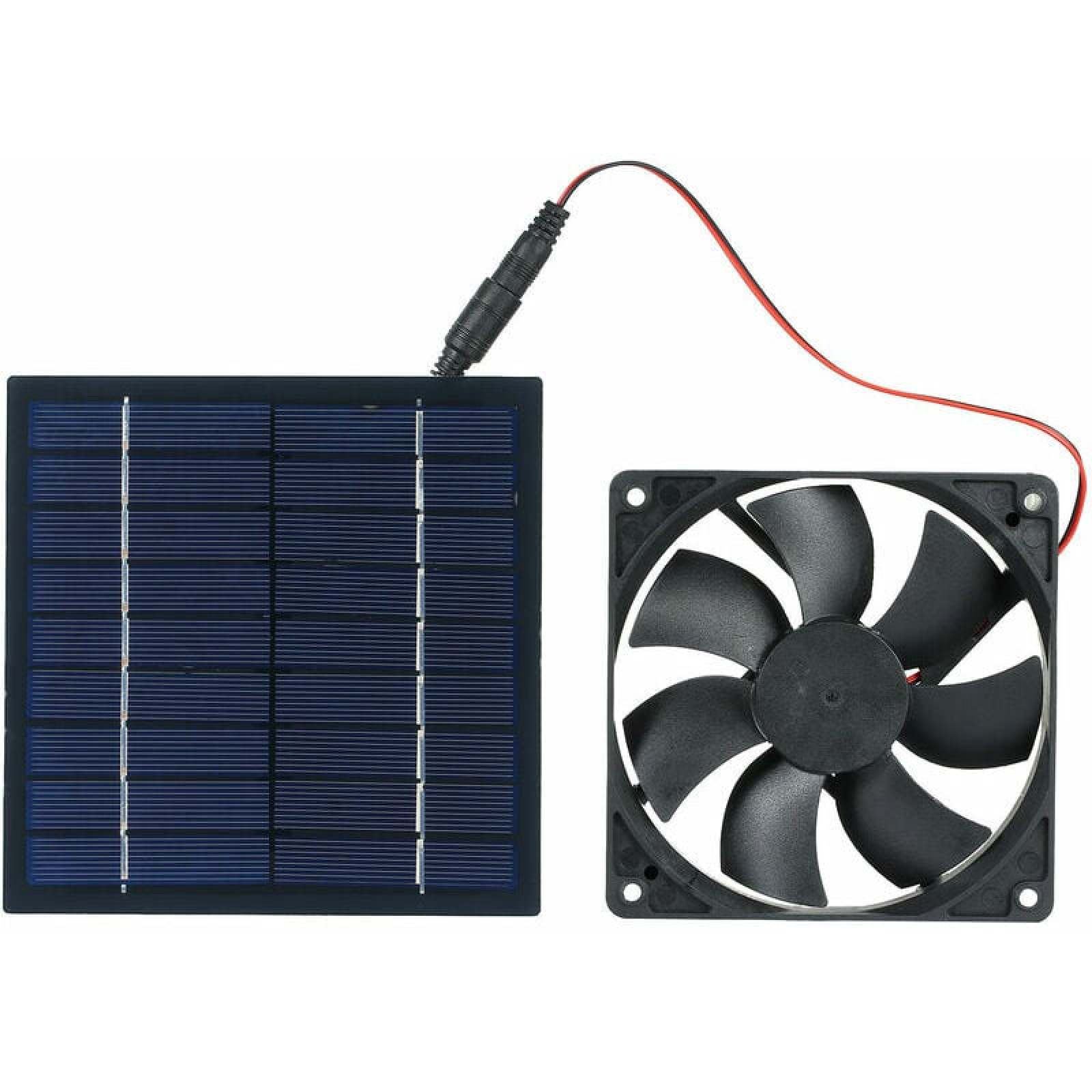 Ein blaues Solarpanel neben einem schwarzen Lüfter mit rotem Kabel.