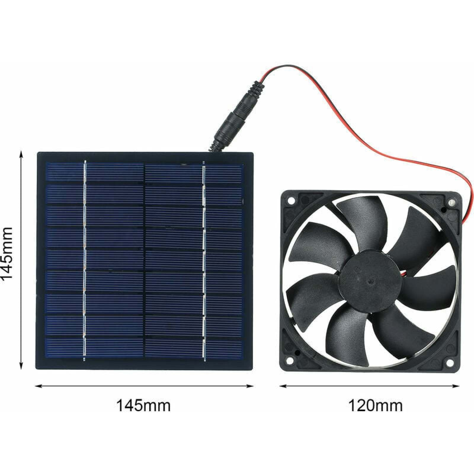 Ein blaues Solarpanel neben einem schwarzen Lüfter mit roten Kabeln.