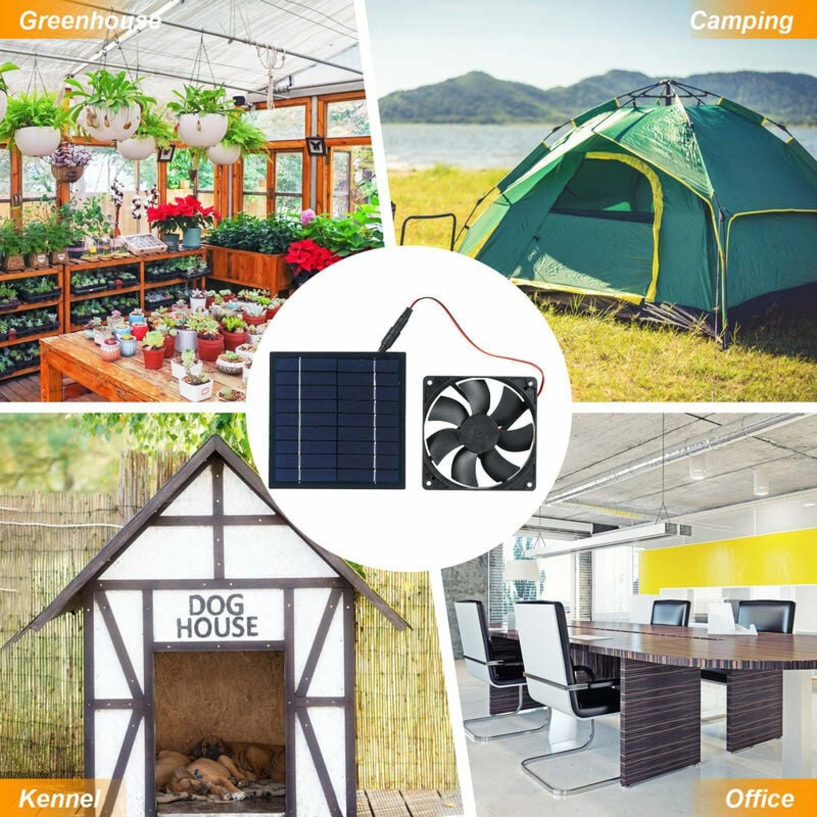 Vier Szenen: Gewächshaus, Zelt, Solarpanel mit Lüfter, Büroraum, Hundehütte.