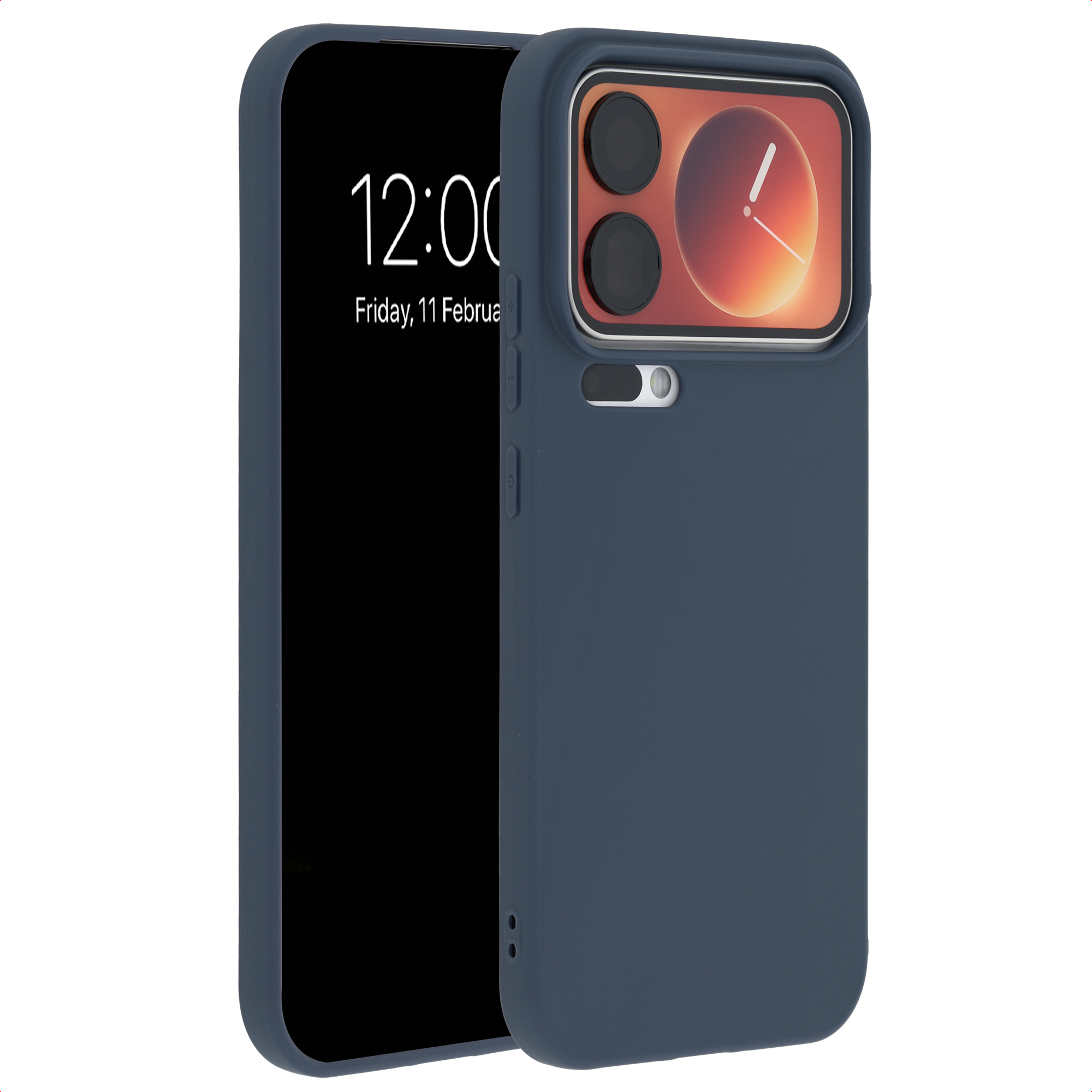 Een blauwe telefoon met blauwe hoes rustend op een witte ondergrond.