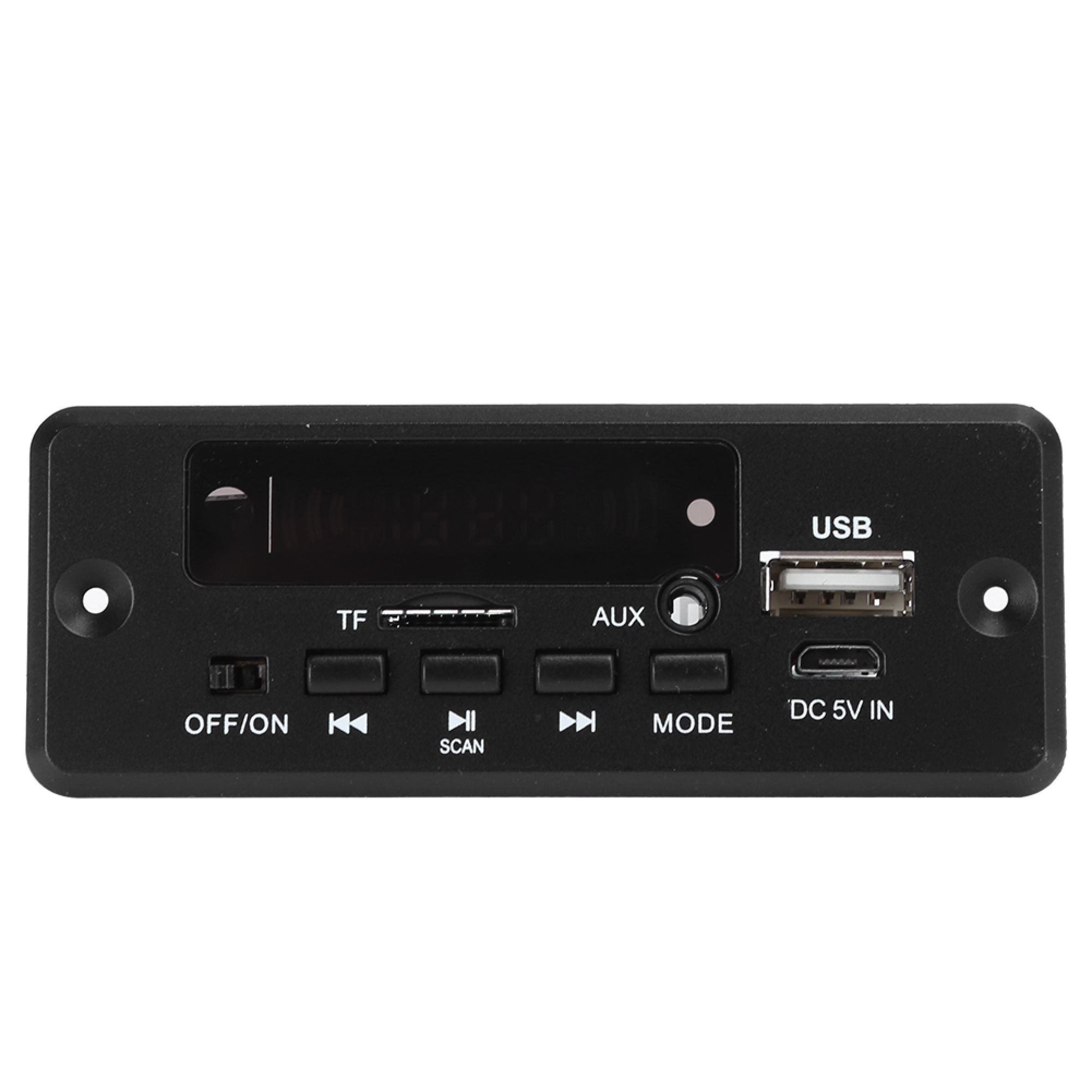 Schwarzes Bedienfeld mit Display, USB-, TF- und AUX-Anschlüssen sowie Steuertasten.