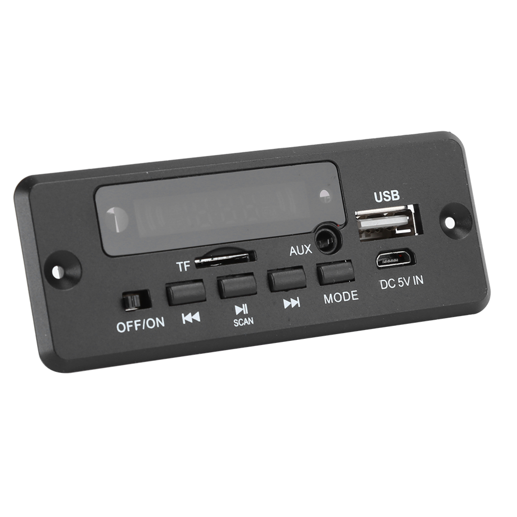 Ein schwarzes Audiomodul mit Tasten, Display, USB- und AUX-Anschluss.