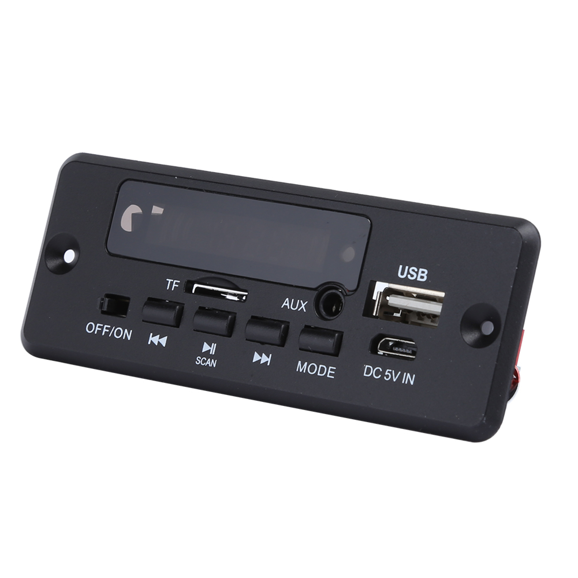 Schwarzes Modul mit Tasten, USB-, TF- und AUX-Anschlüssen sowie einem Display.