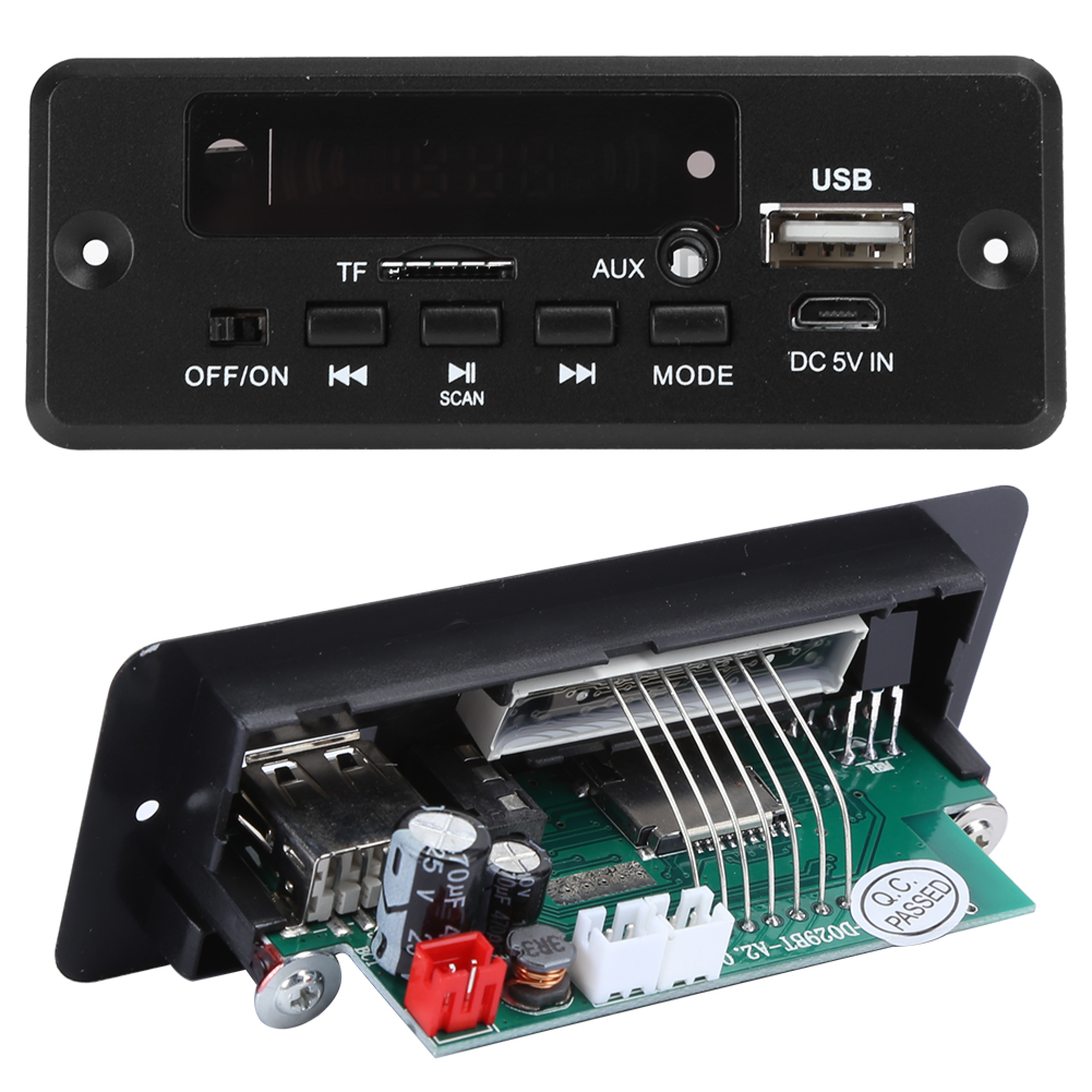 Oberseite und Unterseite einer schwarzen MP3-Decoderplatine mit USB- und TF-Anschlüssen.