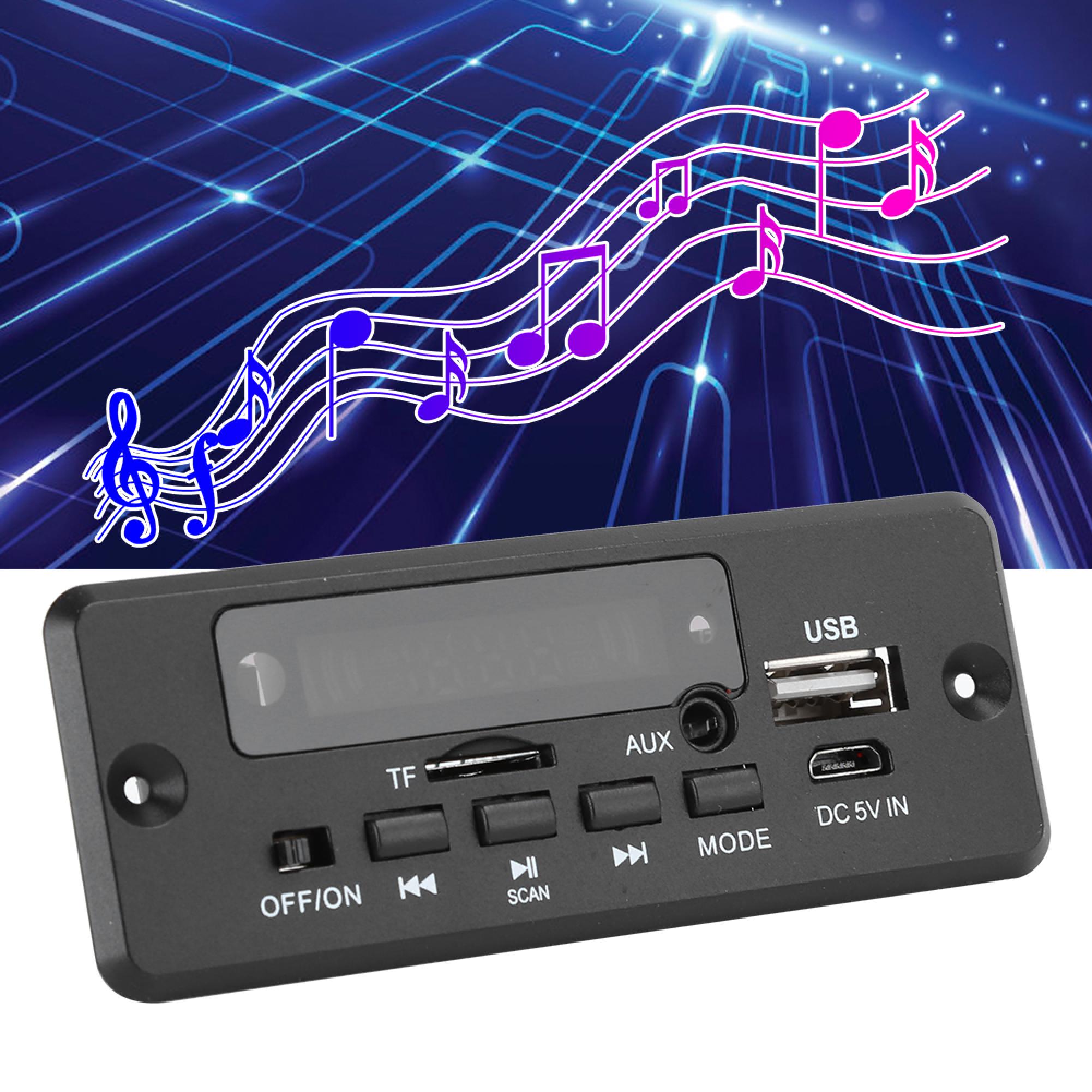 Ein schwarzes MP3-Decoder-Board mit Tasten, USB- und TF-Anschlüssen vor einem blauen Hintergrund mit Musiknoten.