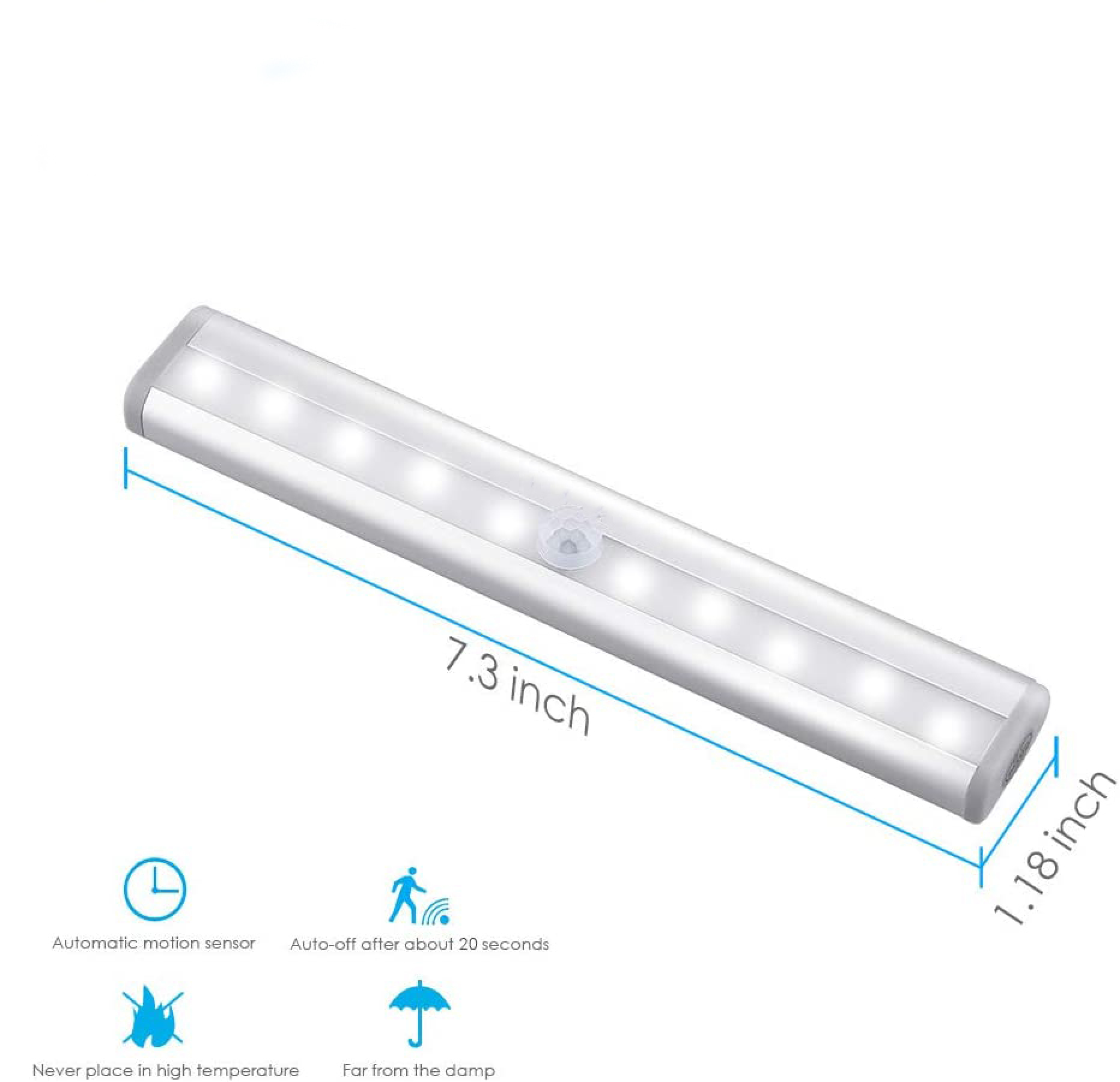 Ein langer, schmaler LED-Streifen mit Bewegungssensor, 7,3 Zoll lang.
