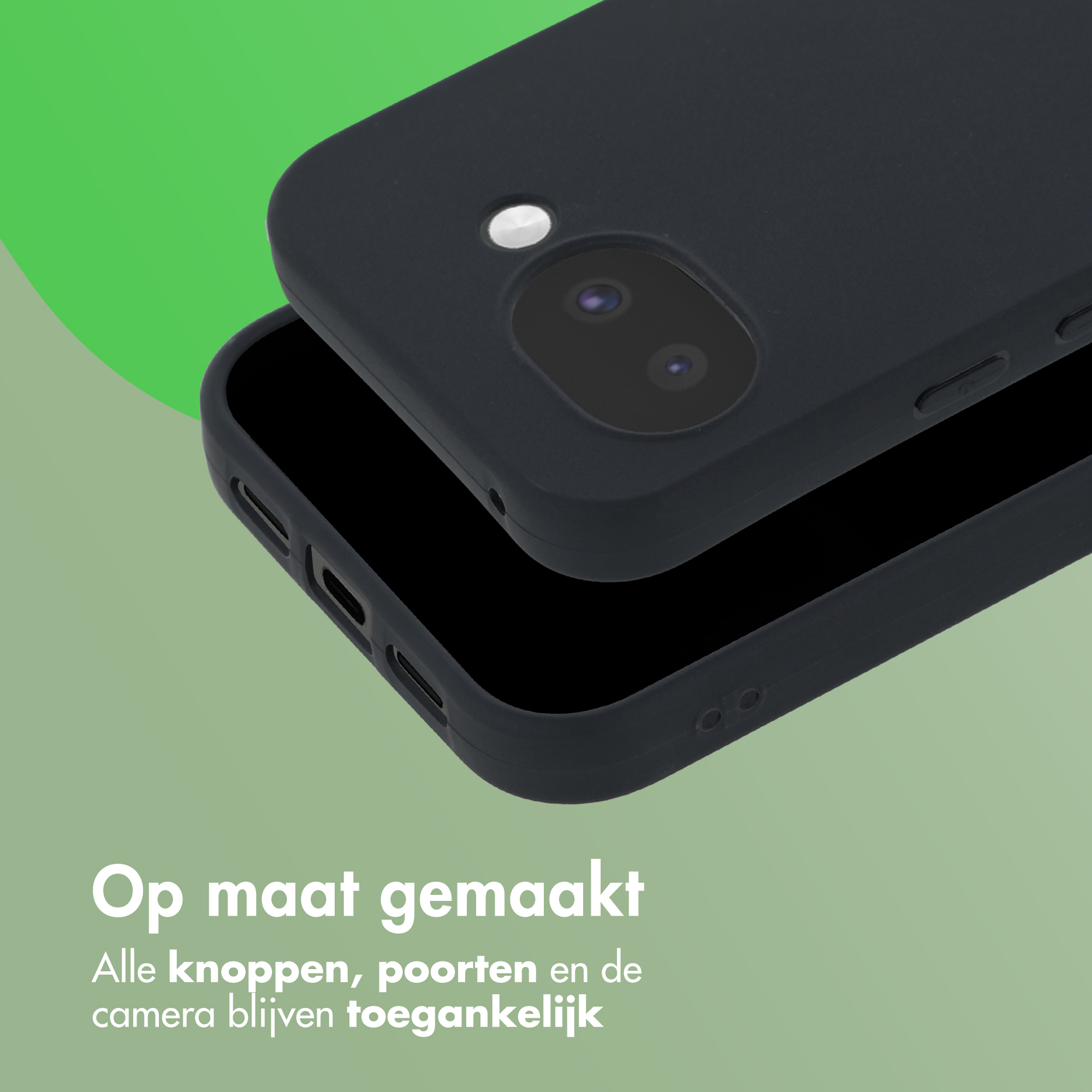 Zwarte telefoonhoes met camera-uitsparing op groene achtergrond.