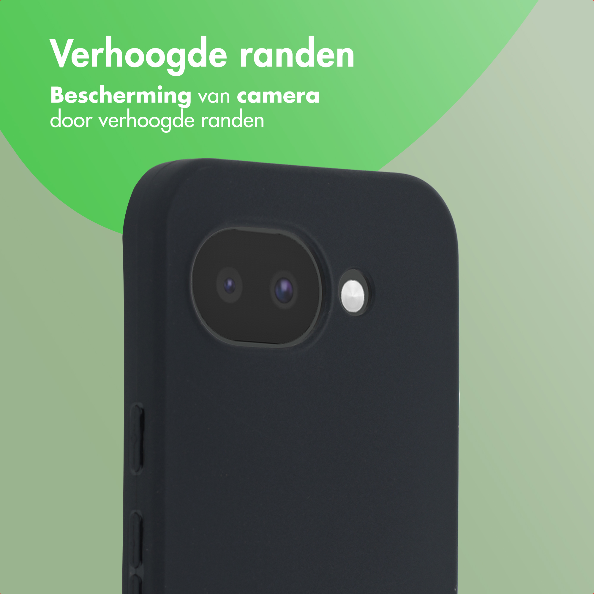 Donker smartphone hoesje met verhoogde rand rond de dubbele camera.