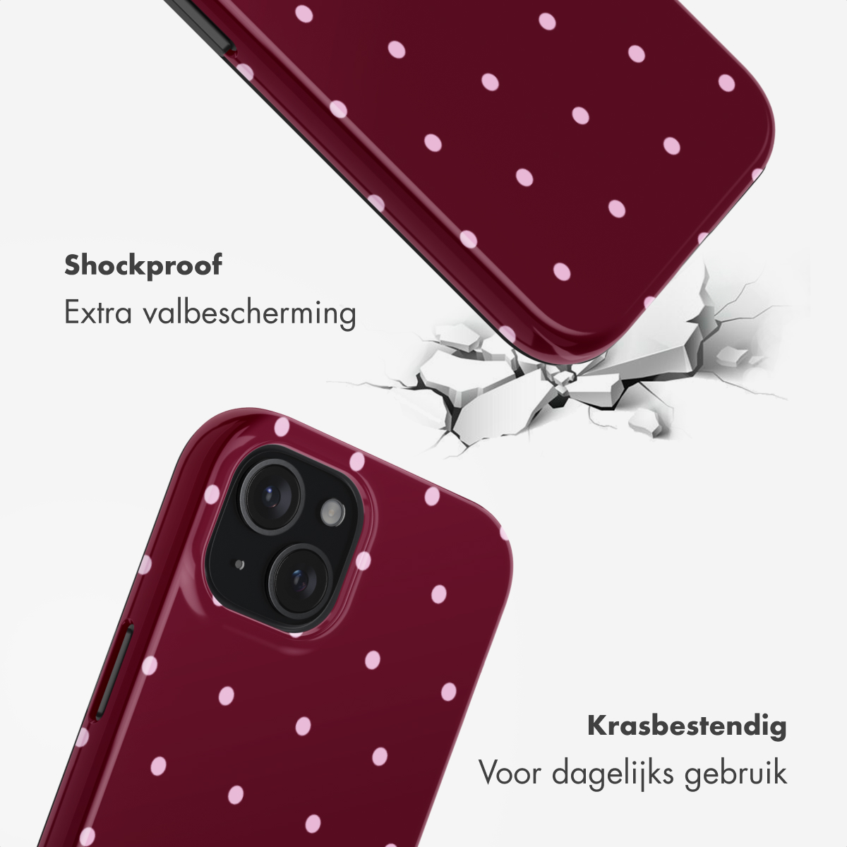 Bordeauxrode telefoonhoes met roze stippen, vallende en krakende grond.