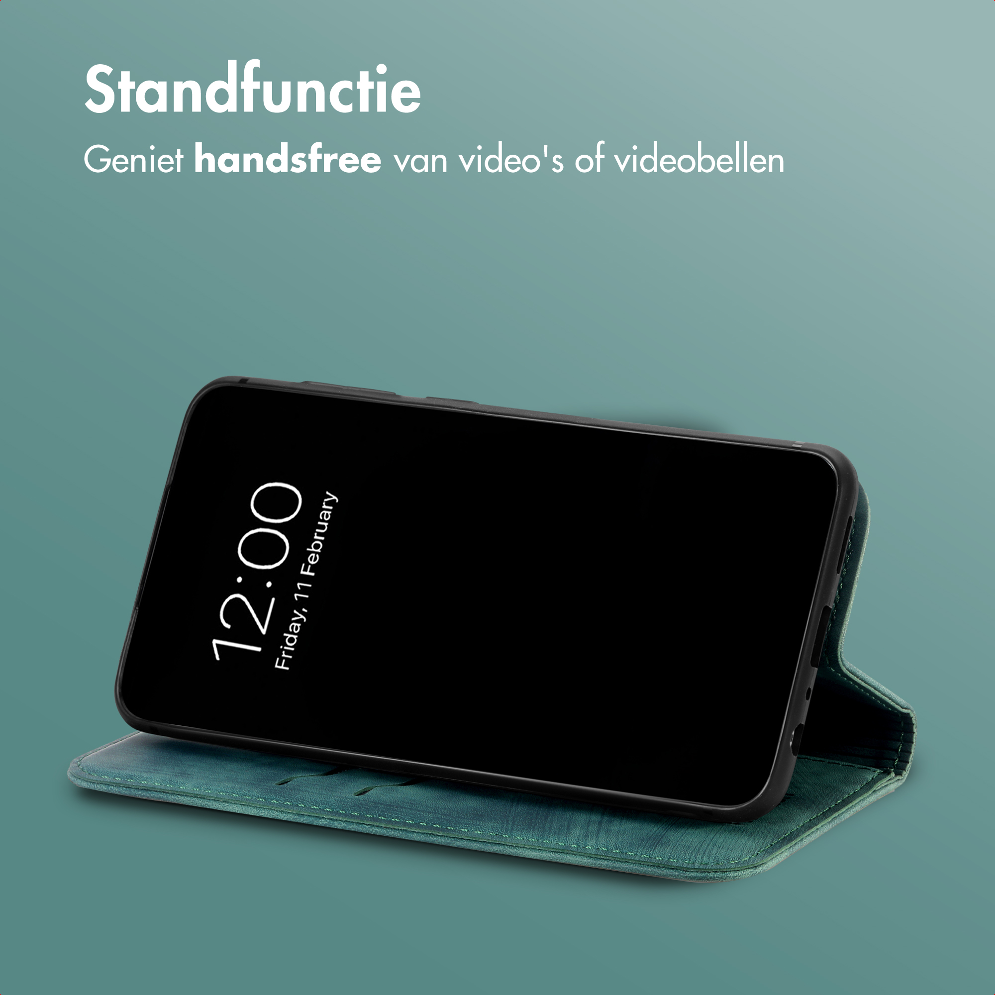 Uno smartphone in una custodia verde, in piedi. Mostra le 12:00.