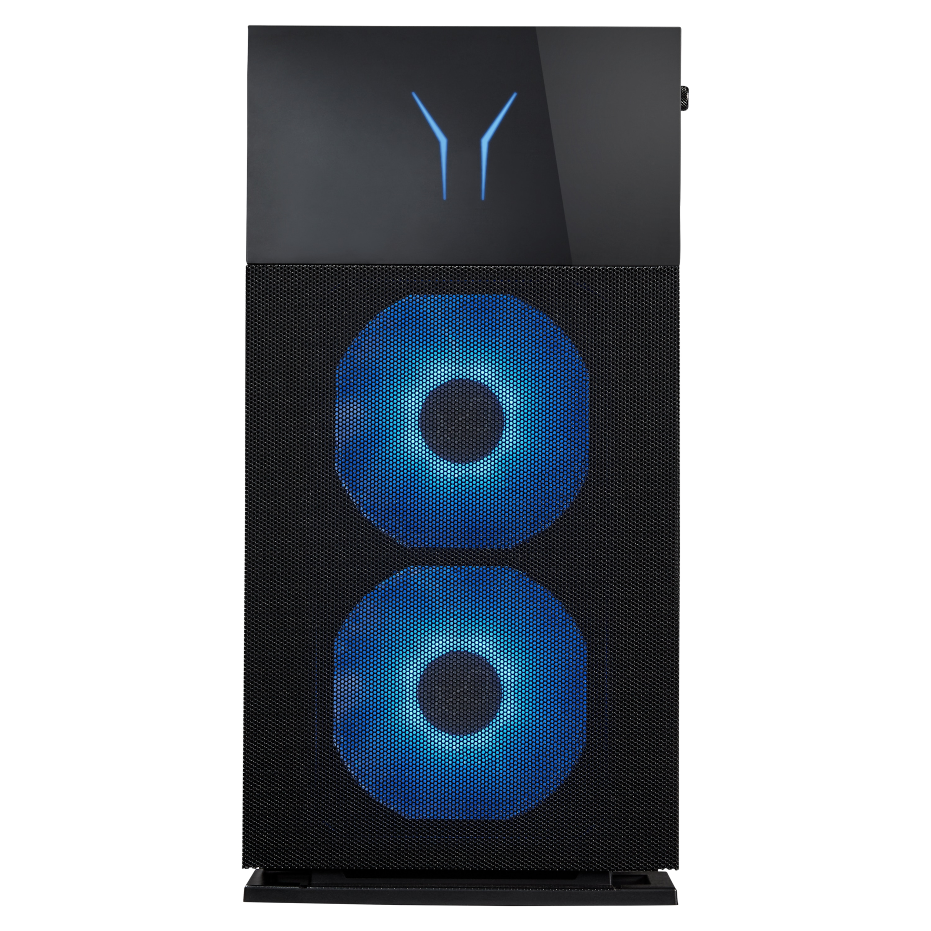 Schwarzer Computerturm mit blauen leuchtenden Lüftern und blauem Logo oben.