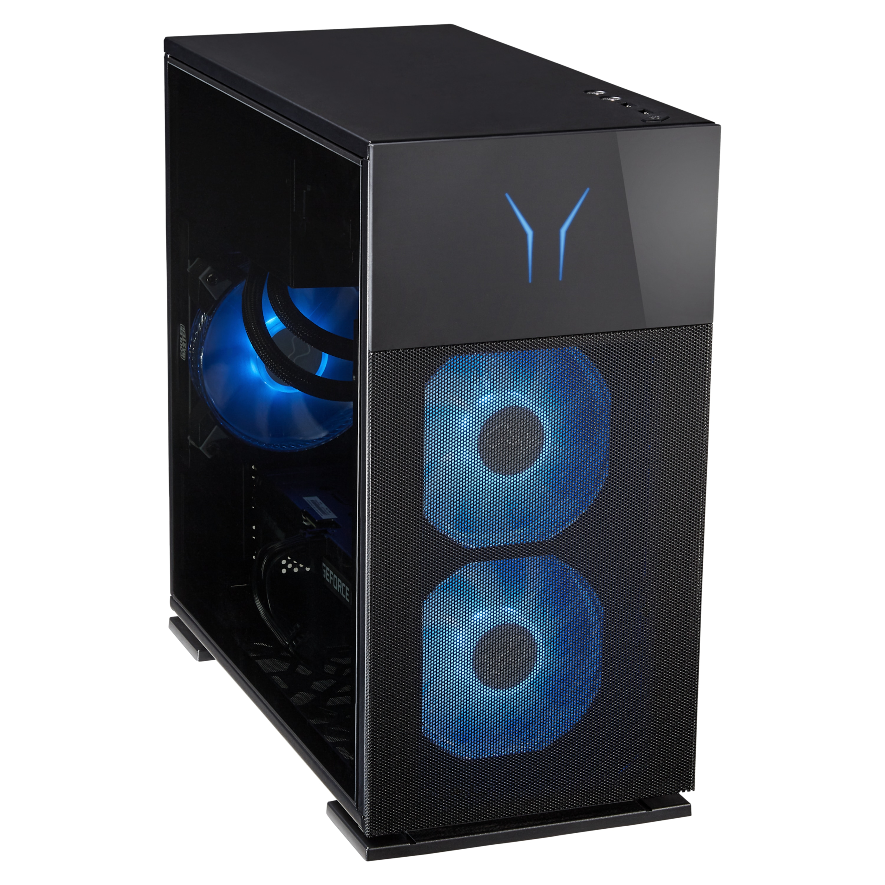 Schwarzes PC-Gehäuse mit blauen LED-Lüftern und Glasseitenwand.