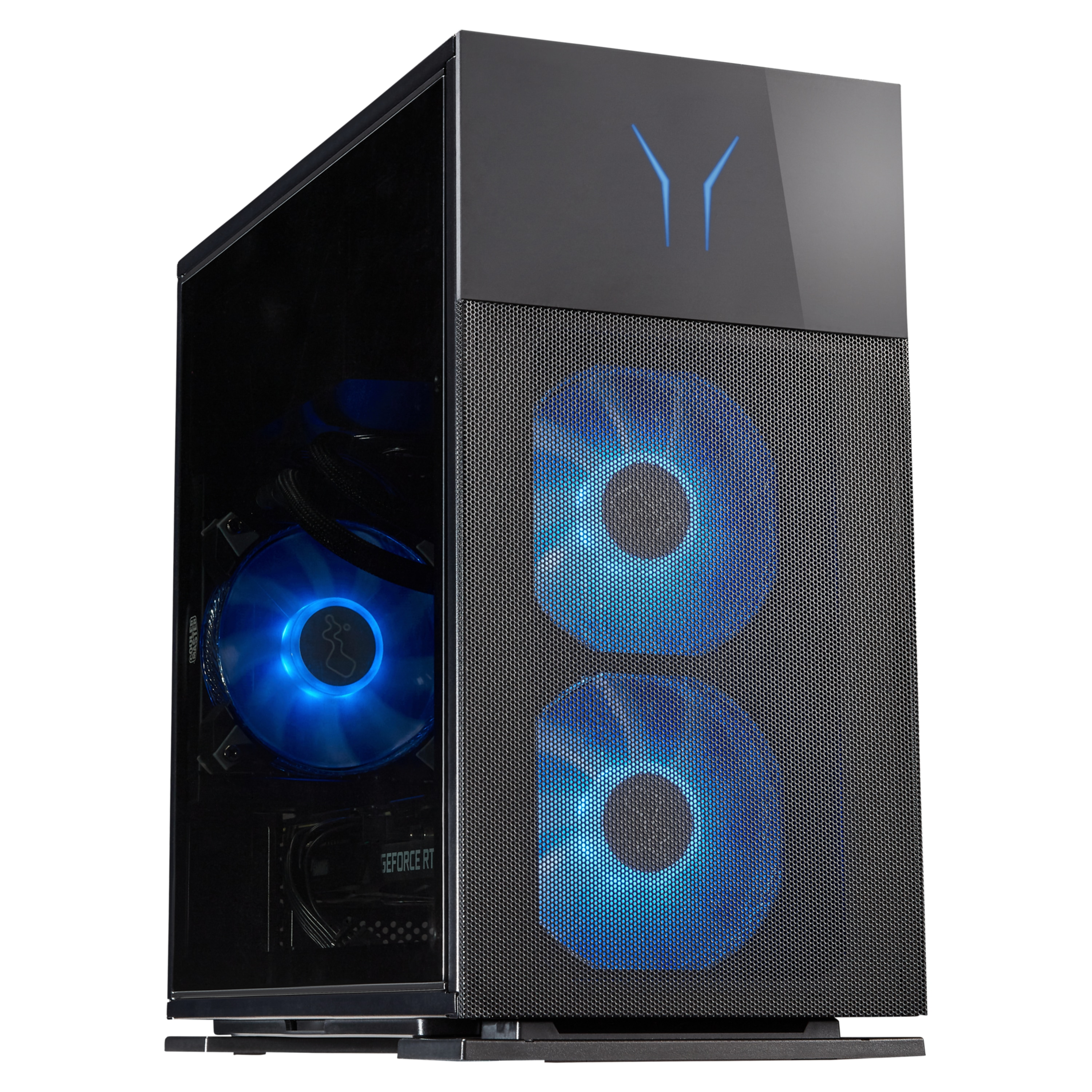 Schwarzes PC-Gehäuse mit blauer Lüfterbeleuchtung und transparentem Seitenfenster.