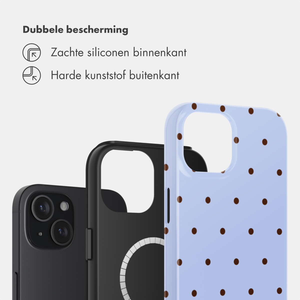 Drie telefoonhoesjes: zwart, zwart met ring en lichtblauw met bruine stippen.