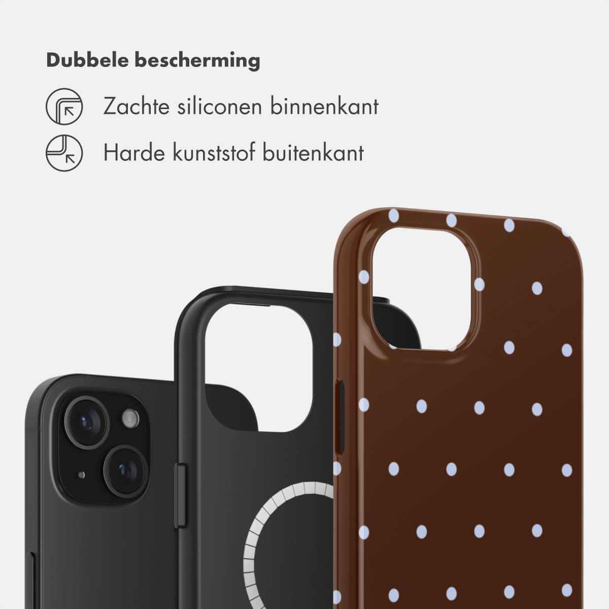 Drie telefoonhoesjes: zwart, zwart met witte cirkel, bruin met witte stippen.