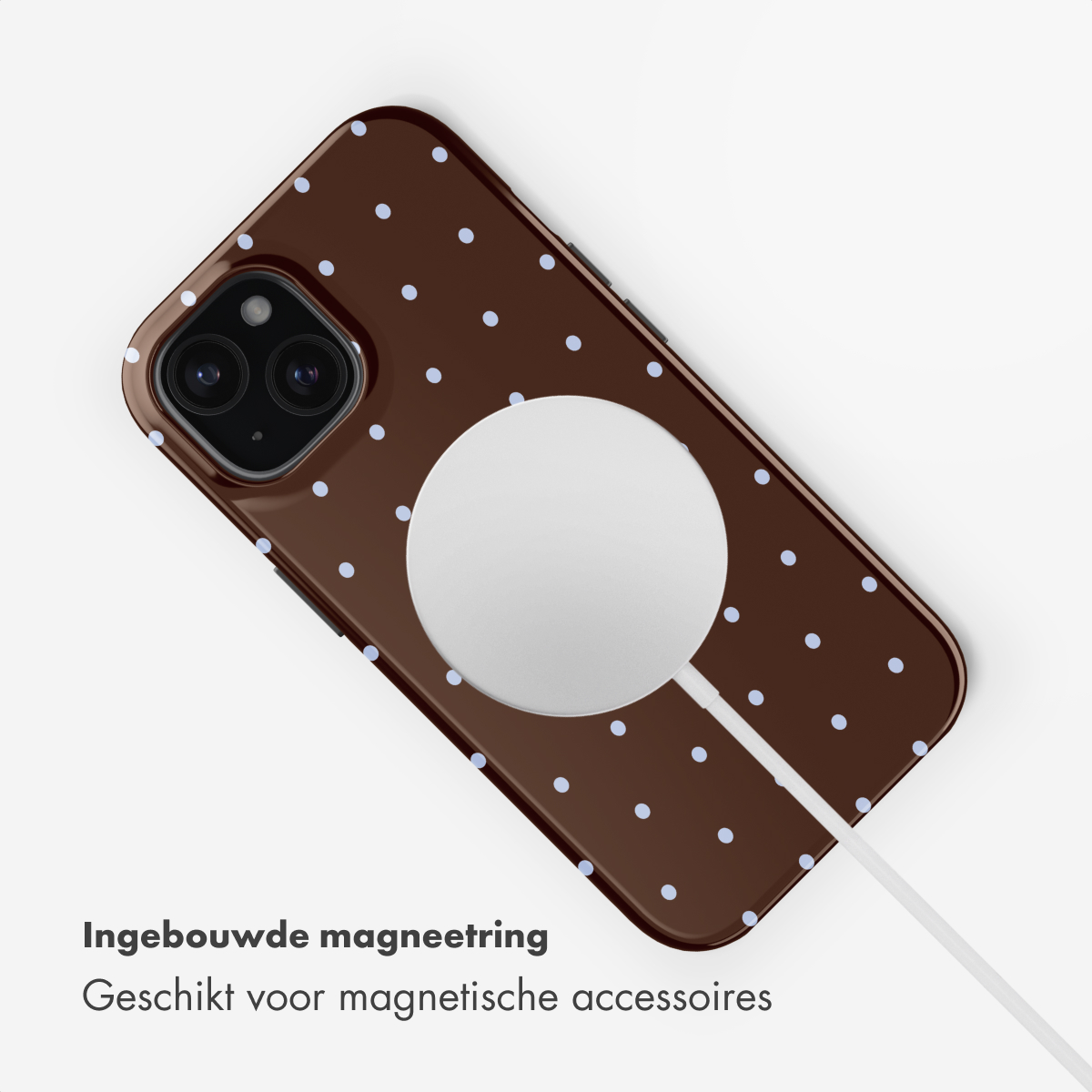 Bruine telefoonhoes met witte stippen en een witte magnetische ring.